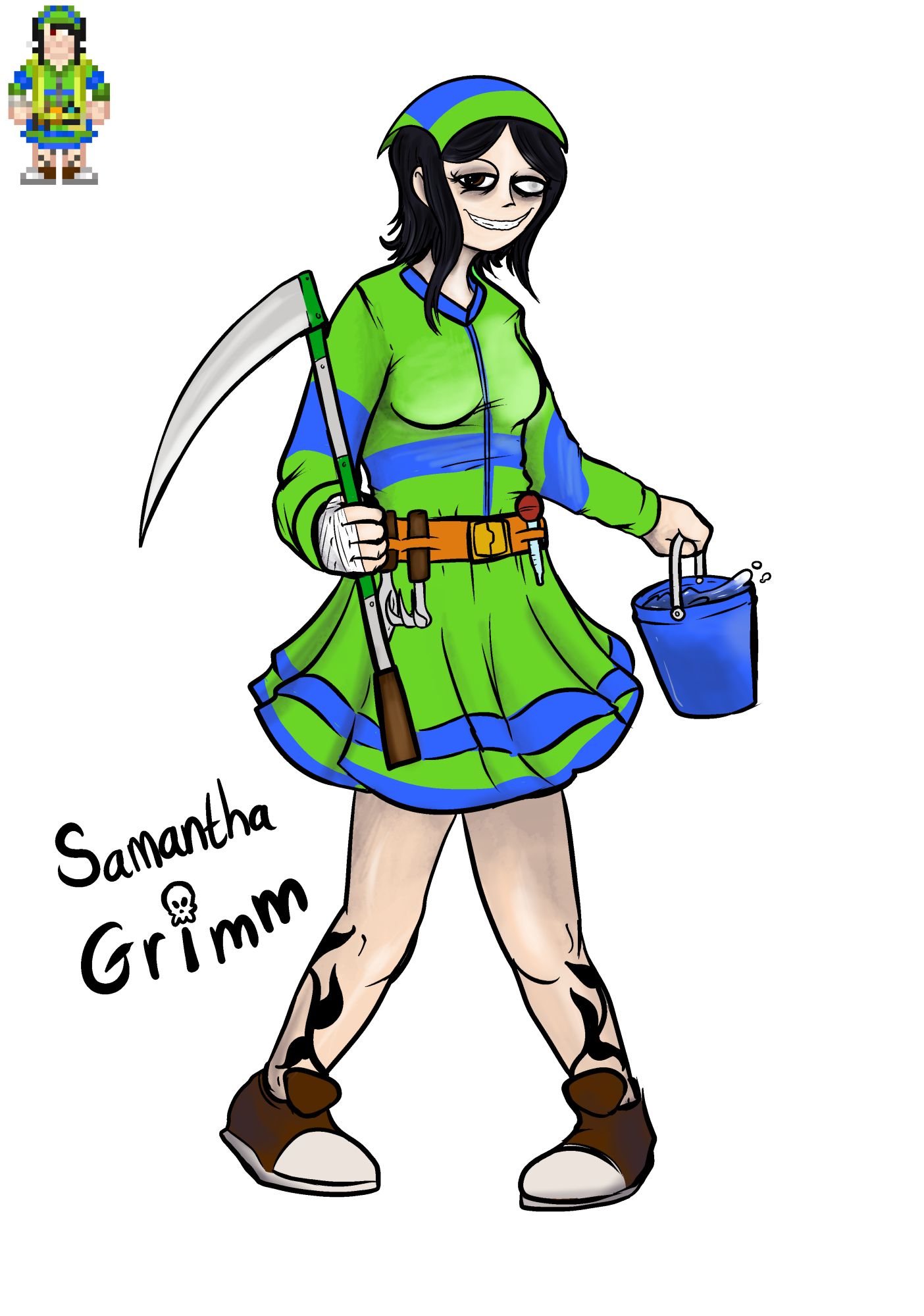 Samantha Grimm: A gaunt, pale woman with black hair and a creepy smile, tattoos on her knees, and a milky eye. She is wearing a Hydroponics uniform, holding a scythe and bucket of water.