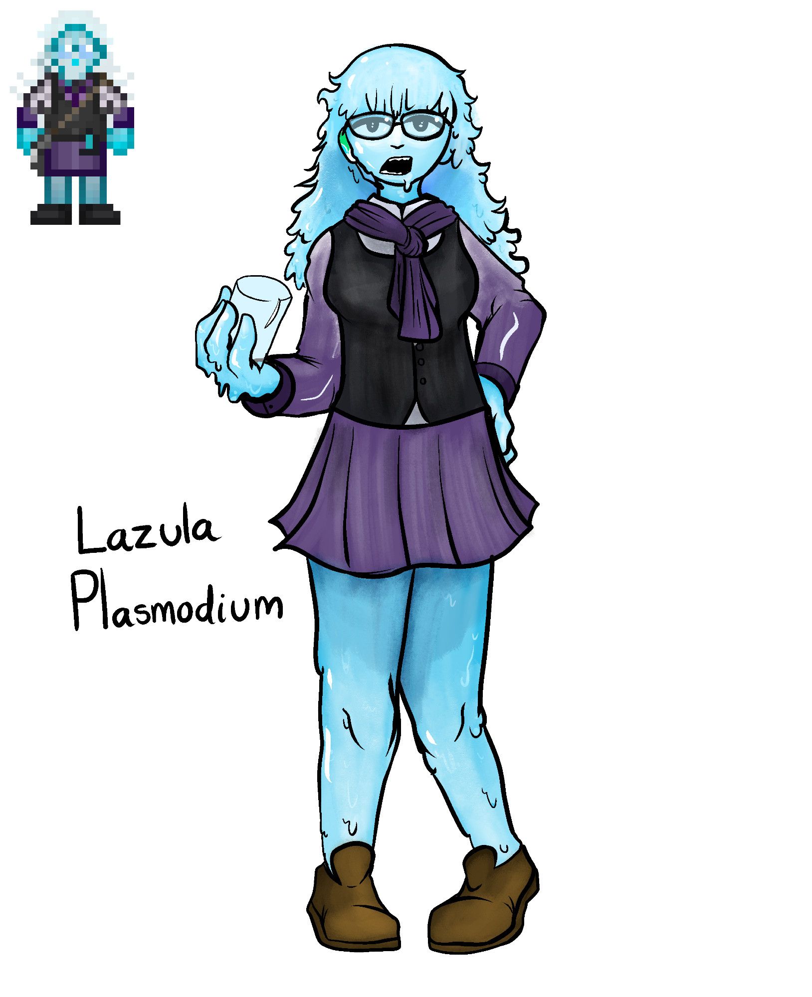 Lazula Plasmodium: A blue slime woman with glasses and a bar tending uniform. She is holding as glass.