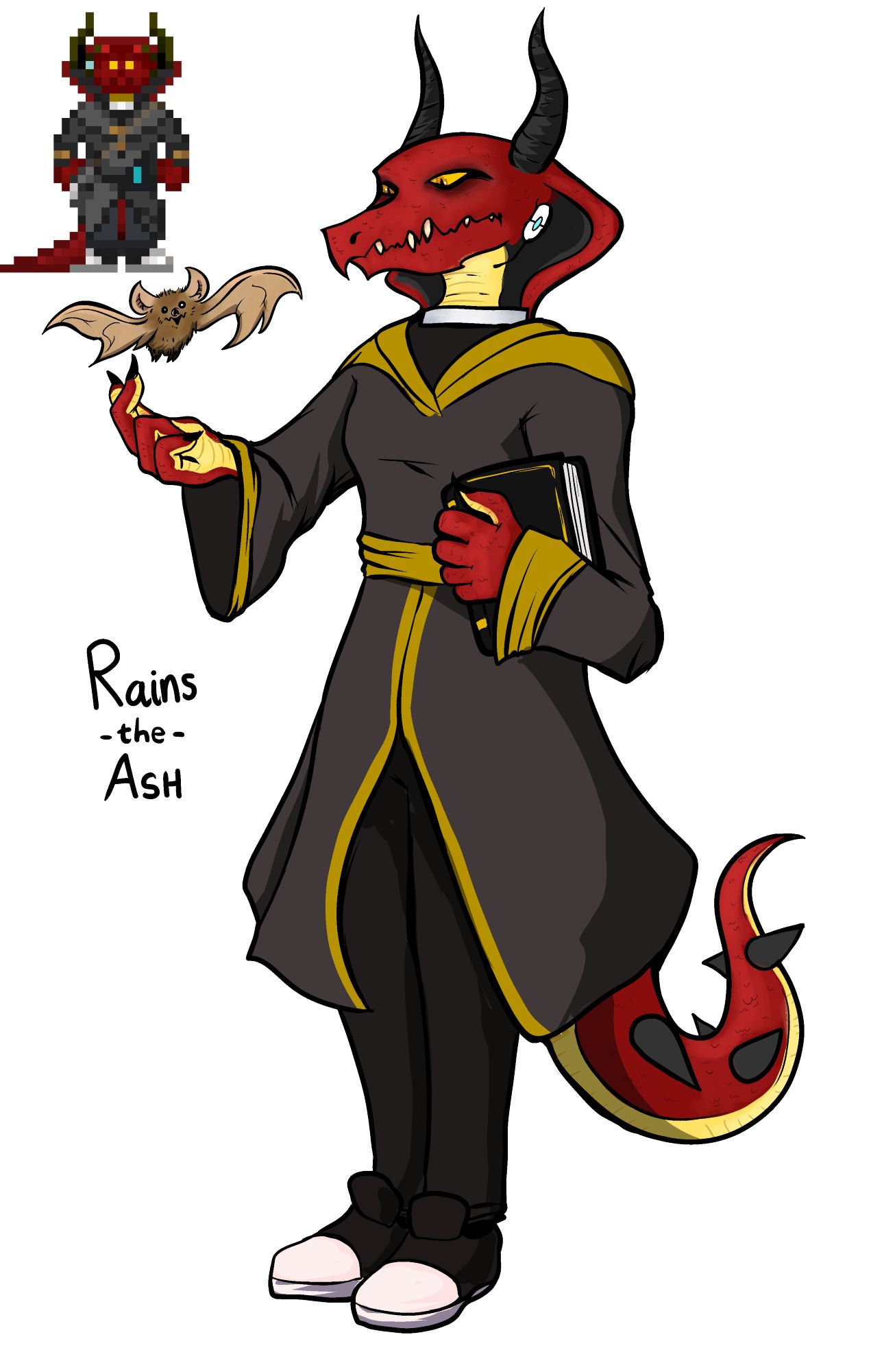 Rains-the-Ash: A tall, imposing lizard person with red scales and foreboding curved horns and spikes. She is wearing dark chaplain robes, holding a bible and holding her hand out for her familiar, a small bat named Remalia.