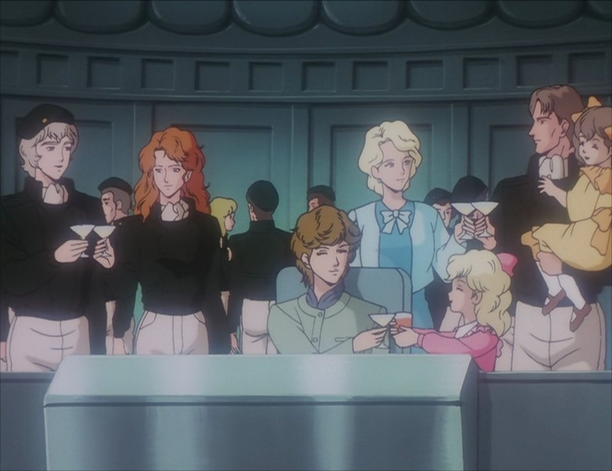 Screenshot from Legend of the Galactic Heroes depicting a New Years party with the characters all toasting each other