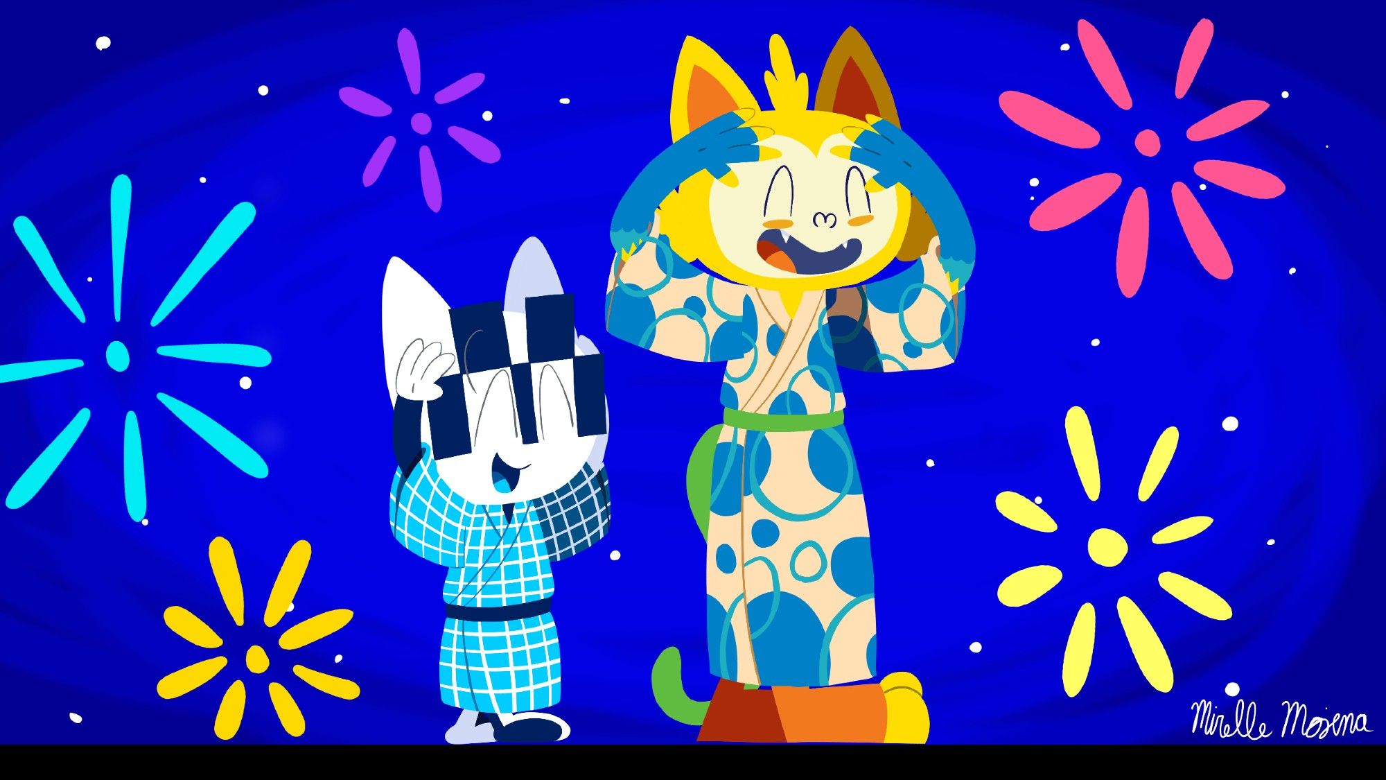 a drawing that features the tokyo 2020 olympic mascot miraitowa and the rio 2016 olympic mascot vinicius performing a bon dance.