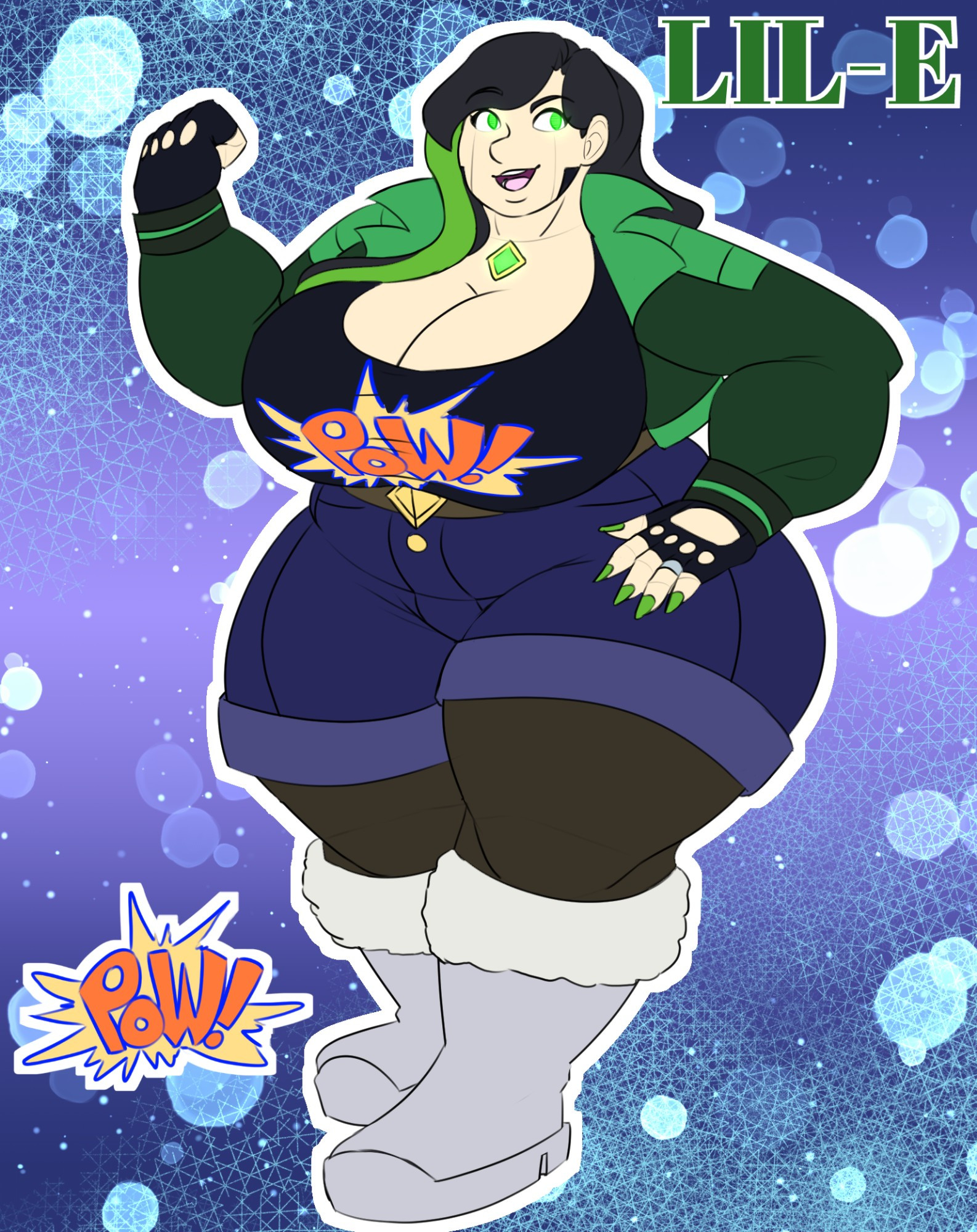 Picture of a robot woman standing, pumping her arm up lightly. She is wearing a green jacket, a black shirt with text on it that says "POW", jean shorts, and white, fur-topped boots. She has black leggings on as well. 