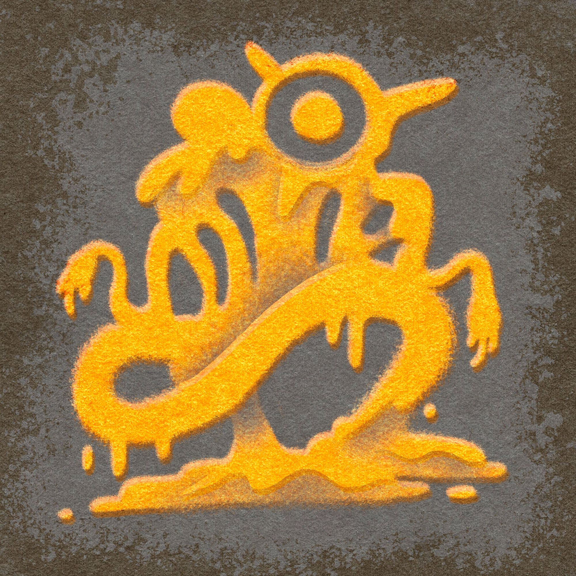 A grotesque, orange-yellow creature with a circular eye and serpentine body, dripping onto a dark background. Its limbs resemble distorted human hands and feet made of ectoplasm.