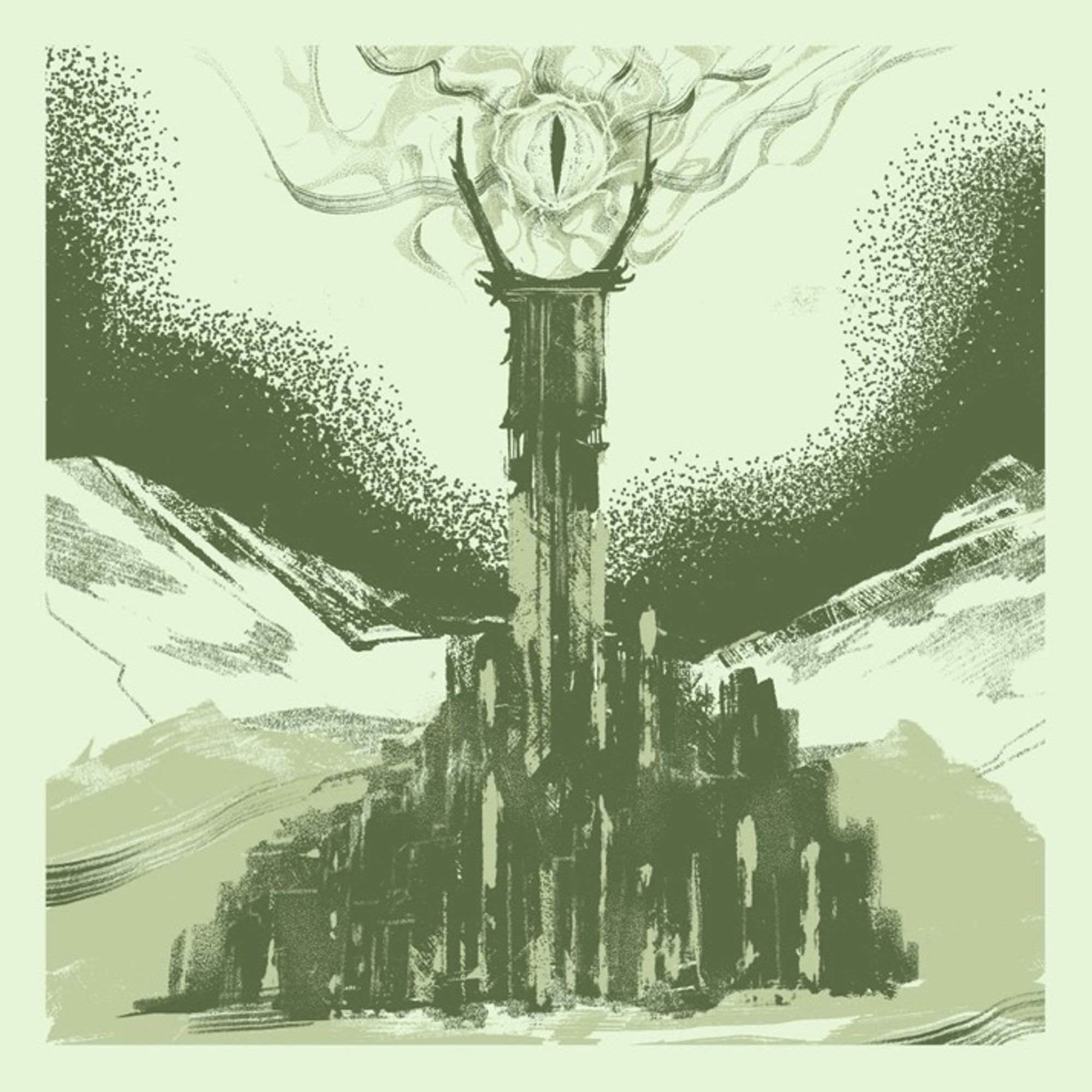 A haunting illustration of the Dark Tower, a symbol of evil in The Lord of the Rings. The tower, shrouded in darkness, stands tall over a desolate landscape. A single, all-seeing eye burns at its peak, representing the corrupting influence of the One Ring.