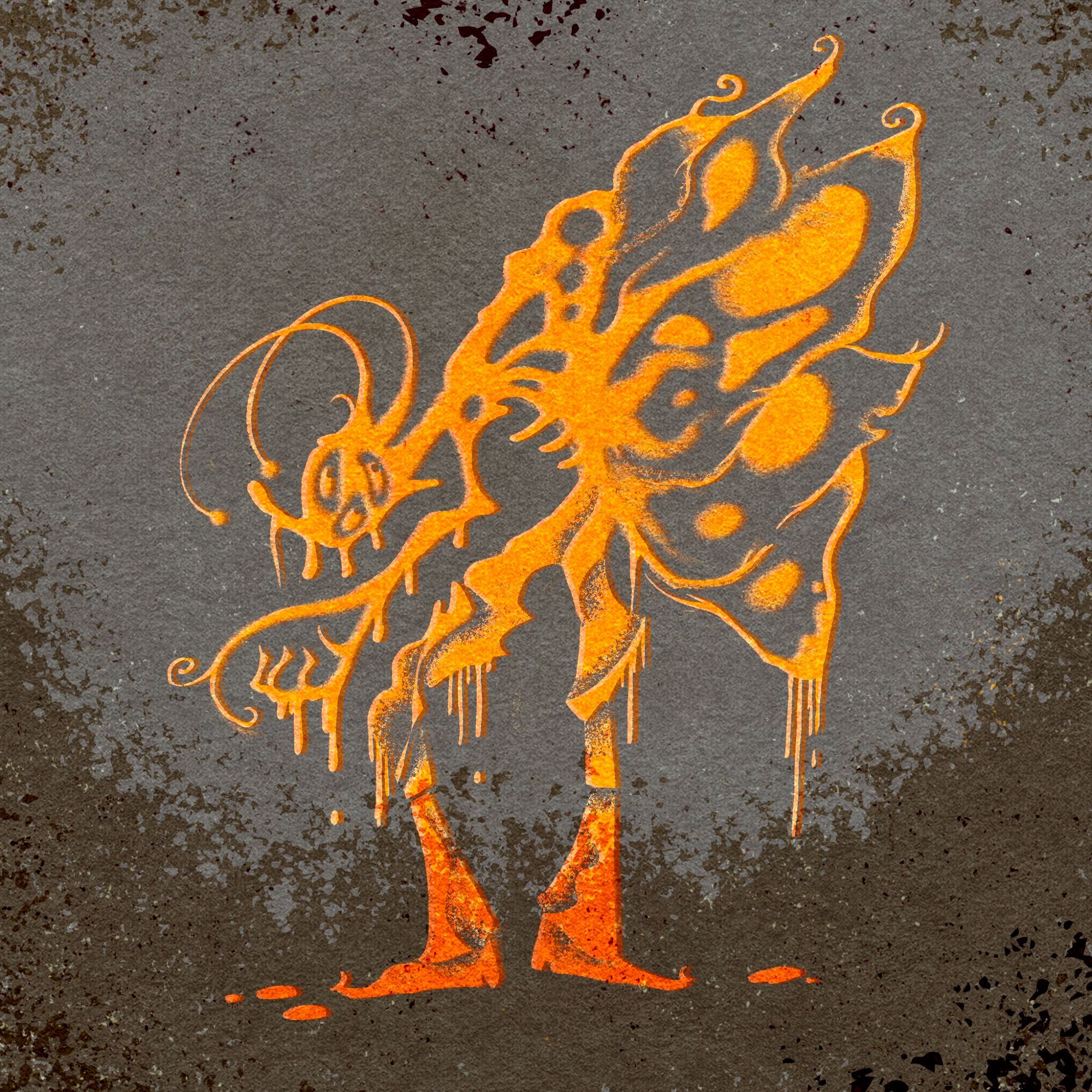 The image shows an abstract, orange-colored figure with butterfly-like wings. Its form appears to be melting or dripping, standing on what looks like puddles. The background is a textured, grayish-brown tone, giving the figure an eerie and surreal appearance, as if in a state of decay or transformation.