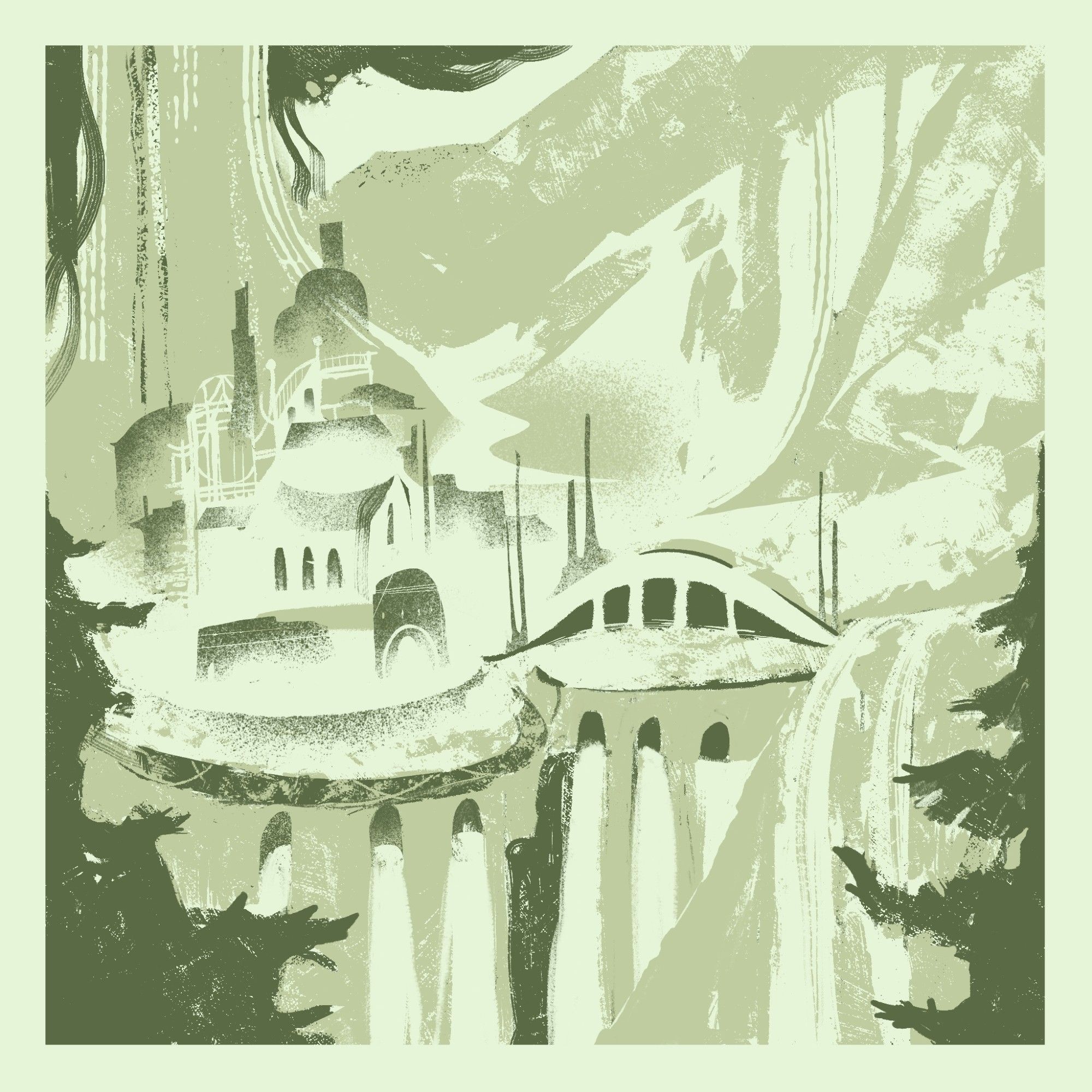 A stylised Rivendell featuring domed buildings and a curved bridge. Waterfalls cascade from an elevated platform, blending with the surrounding natural environment. The colour palette is a muted green, creating a serene and surreal atmosphere.