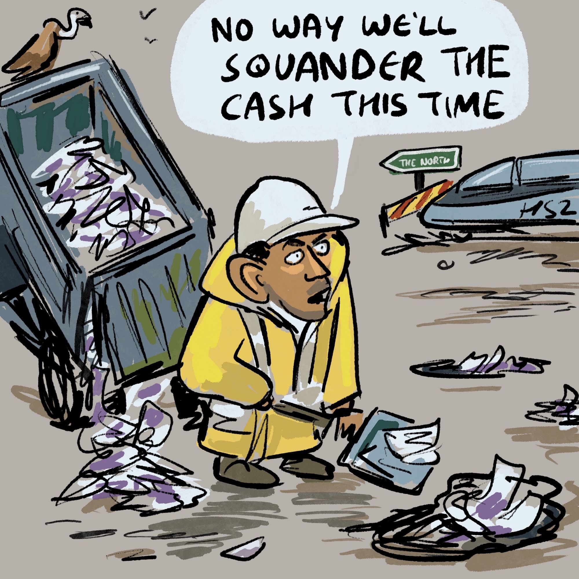 Rishi Sunak hovellung cash into pot holes while HS2 lies abandoned a cartoon