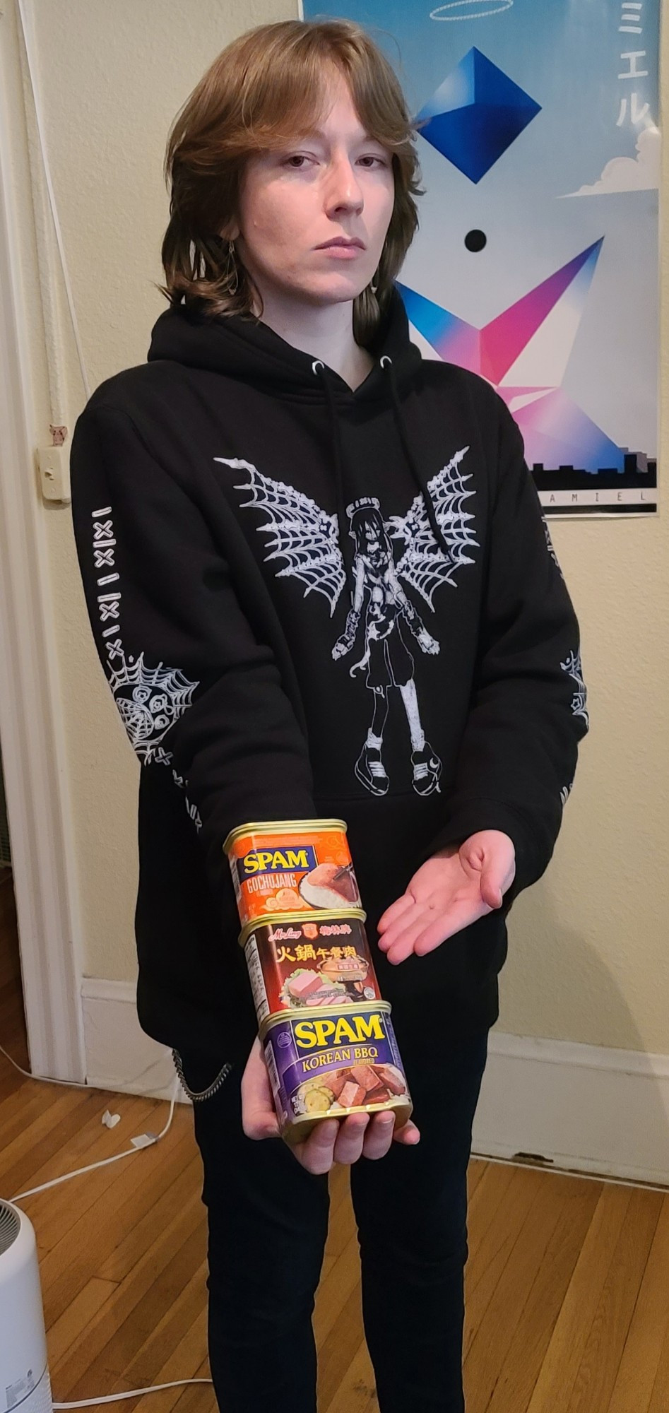 money spread pose except it's gochujang, hot pot, and korean bbq flavors of spam