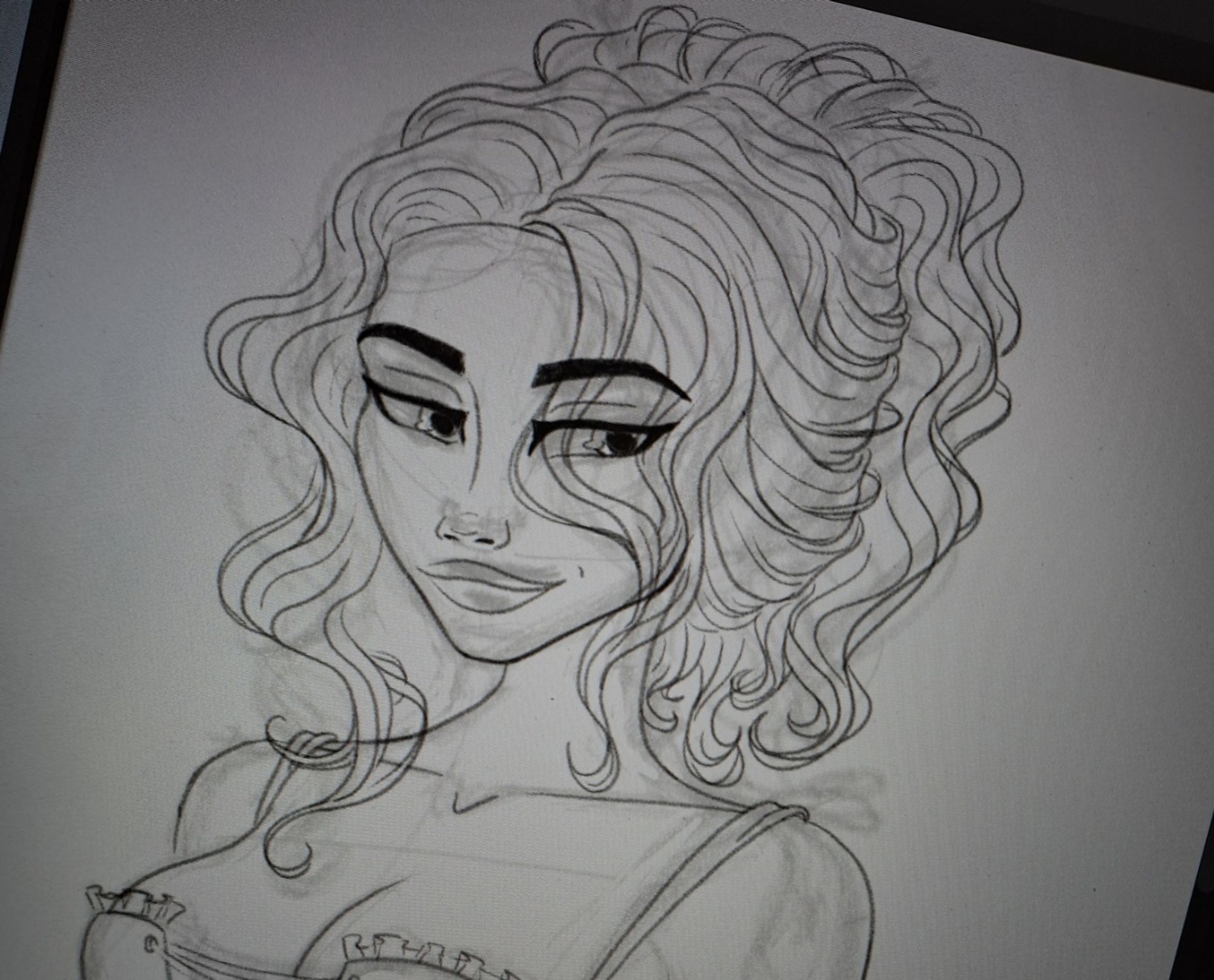 Sketch of portrait of one of the main characters from Throne of the fallen by Kerri Maniscalco. Camilla. Female with curly hair and a spark of playfulness in her expression.