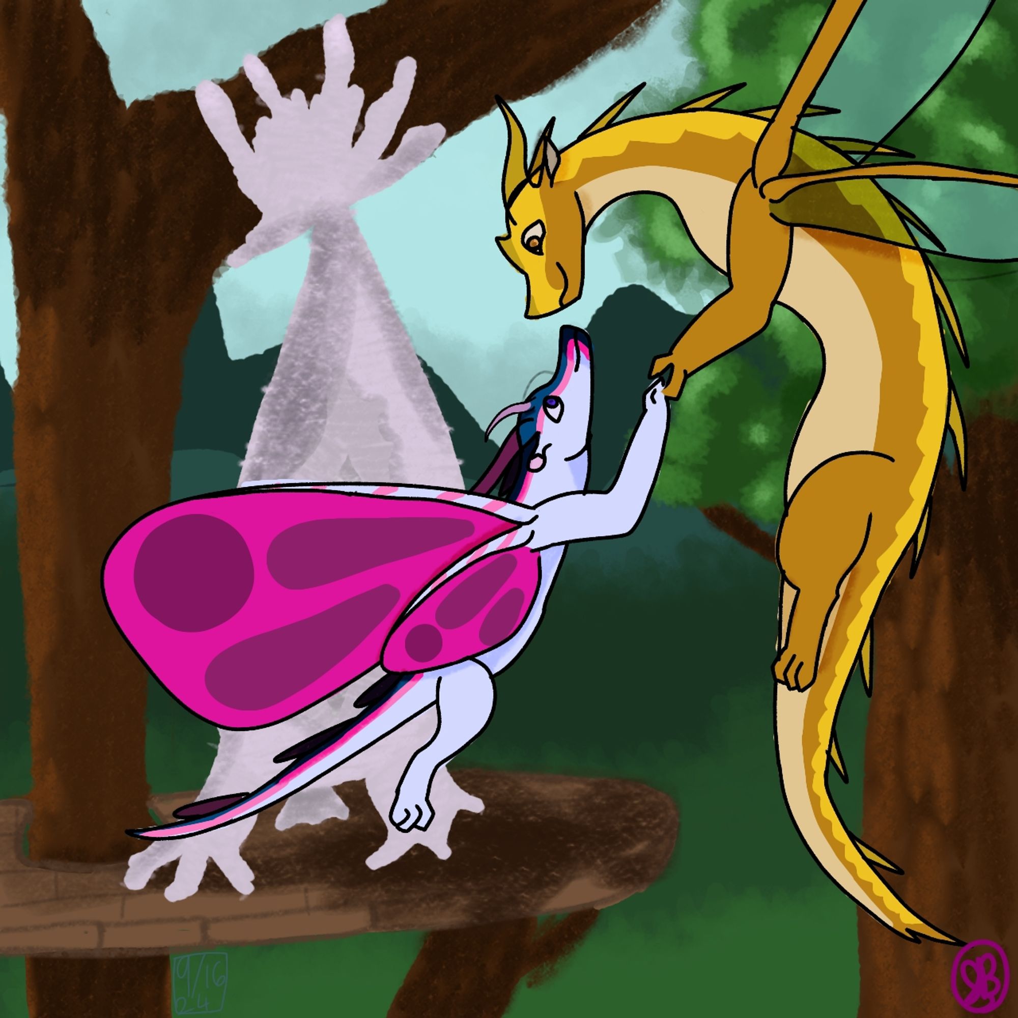 Two dragons holding hand while flying,  with trees and a wooden platform and cocoon with the background.