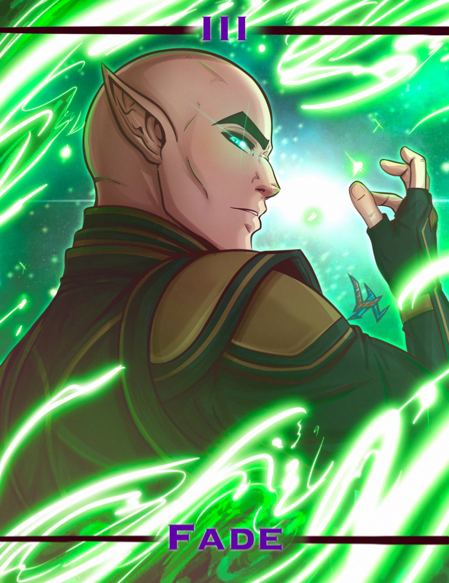 Solas with his back to us, standing before a rift in the veil.