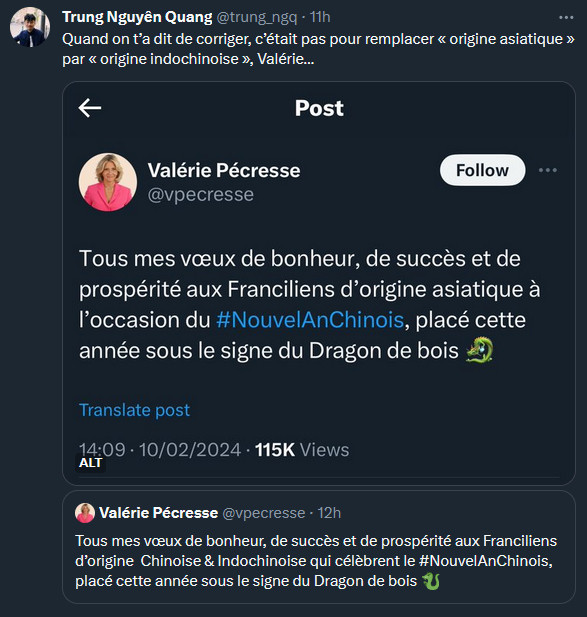 1er tweet « Tous mes voeux de bonheur aux franciliens d'origine asiatique à l'occasion du nouvelanchinois, placé sous le signe du Dragon de bois »

citant le nouveau : « Tous mes vœux de bonheur, de succès et de prospérité aux Franciliens d’origine  Chinoise & Indochinoise qui célèbrent le #NouvelAnChinois, placé cette année sous le signe du Dragon de bois 🐉»