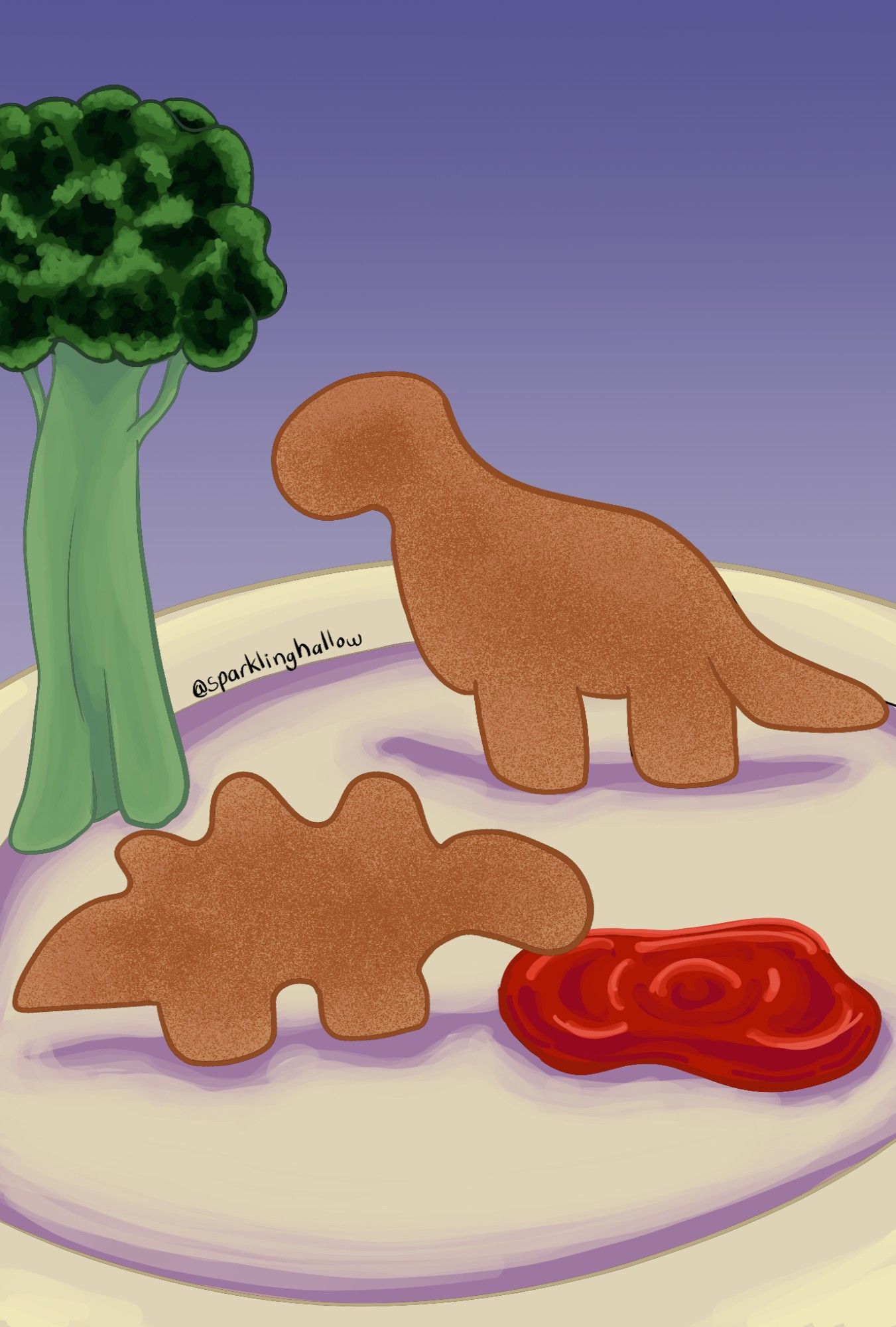 Two dinosaur chicken nuggets set up on a plate with a pool of ketchup and a broccoli tree