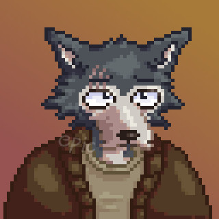 Pixel art of Legoshi from Beastars looking up towards the right and wearing a cardigan.