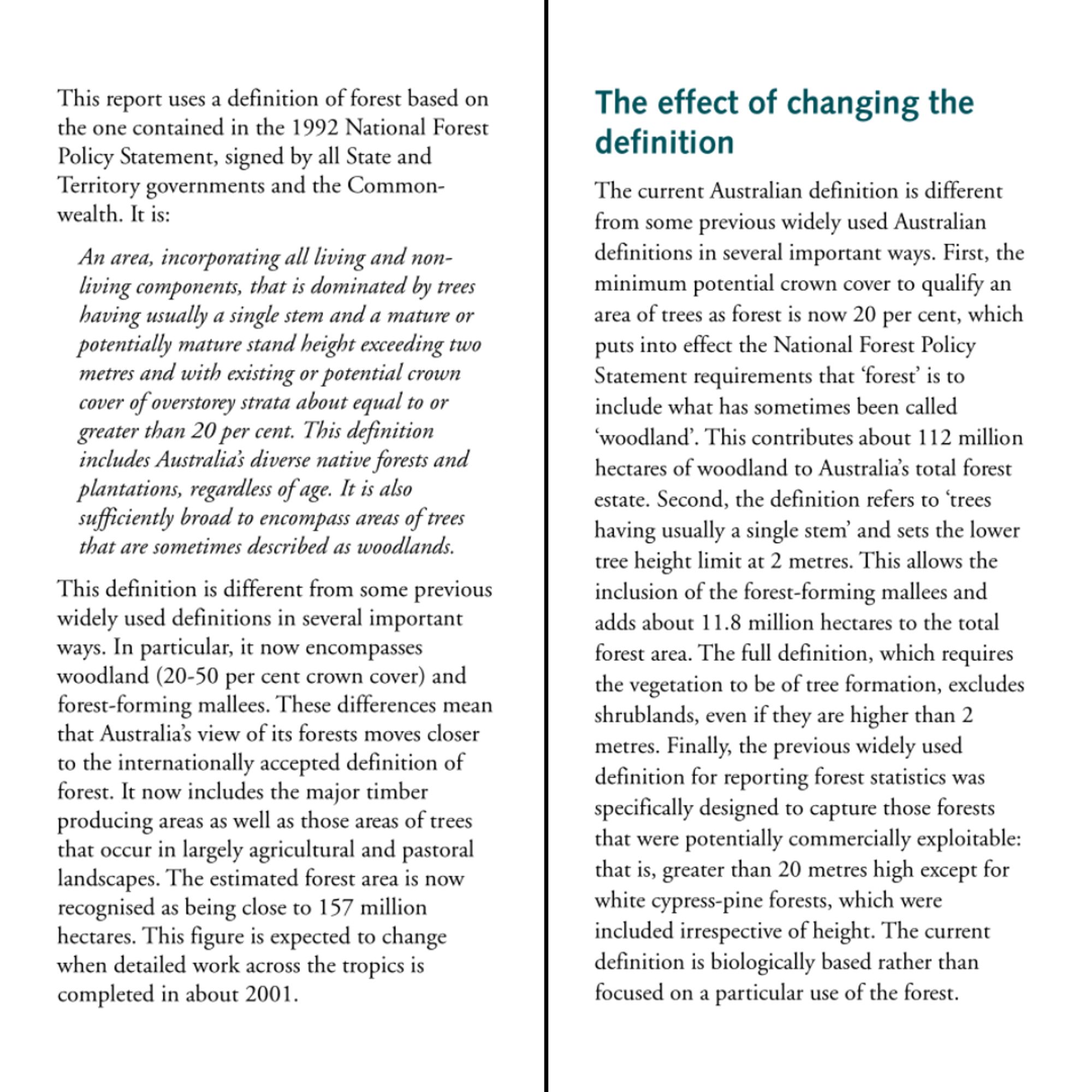 Two excerpts from the Australian SOFR 1998, detailing the changes in the definition of "forest" and the impact of those changes on the estimate of Australia's forest area.