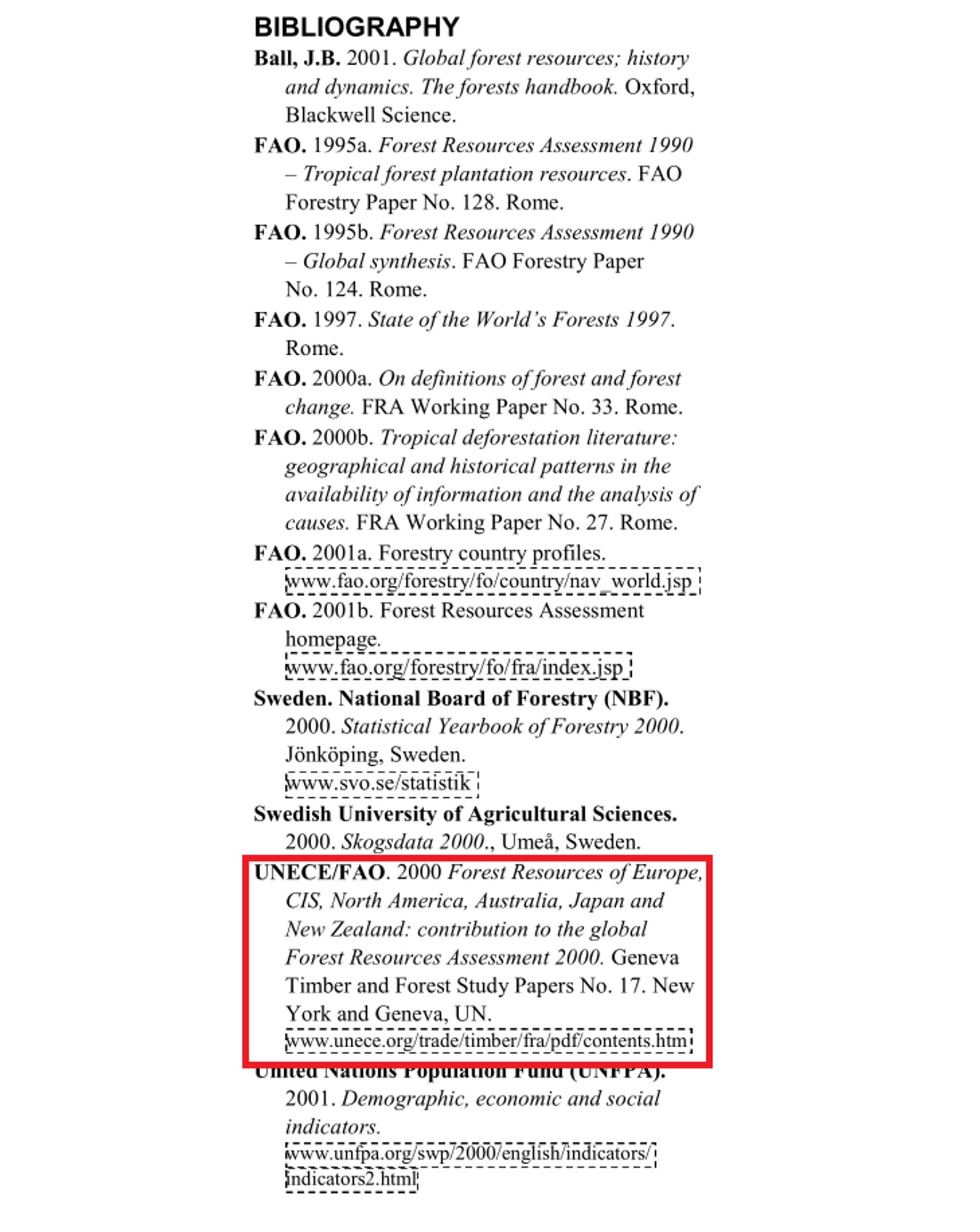 The relevant bibliography from the FAO FRA 2000. The cited source for the claims about Australia is the UN-ECE/FAO TBFRA 2000.