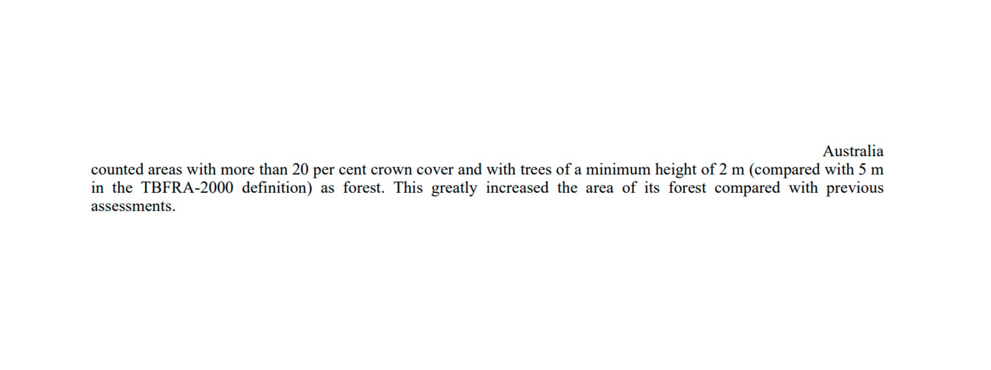 An excerpt from the UN-ECE/FAO TBFRA 2000, which correctly states that Australia used a crown cover threshold of 20% and a height minimum of 2 m.