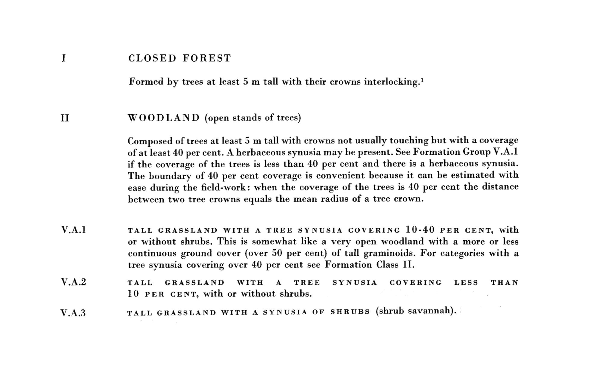 Definitions of "closed forest," "woodland," and types of grassland which might be summarized as "savannah," taken from "International Classification and Mapping of Vegetation," UNESCO 1973. "(Closed) forest" is defined as having interlocking crowns, "woodland" is defined as having 40-99% crown cover, and the grassland types are defined as having 10-40% crown cover.