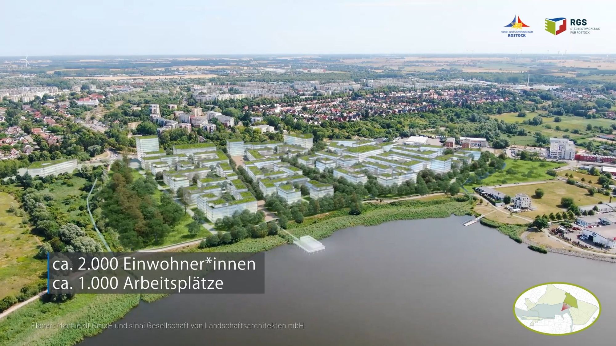 Foto: Visualisierung Warnow Quartier: ca. 2.000 Einwohner*innen, ca. 1.000 Arbeitsplätze | Foto: RGS/Planer: Machleidt GmbH und sinai Ges. von Landschaftsarchitekten mbH