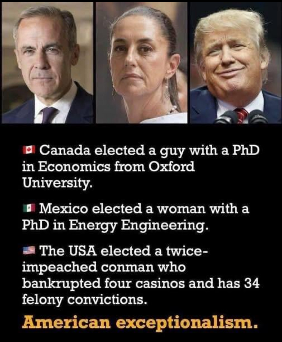 • Canada elected a guy with a PhD in Economics from Oxford University.
• Mexico elected a woman with a PhD in Energy Engineering.
• The USA elected a twice-impeached conman who
bankrupted four casinos and has 34 felony convictions.
American exceptionalism.