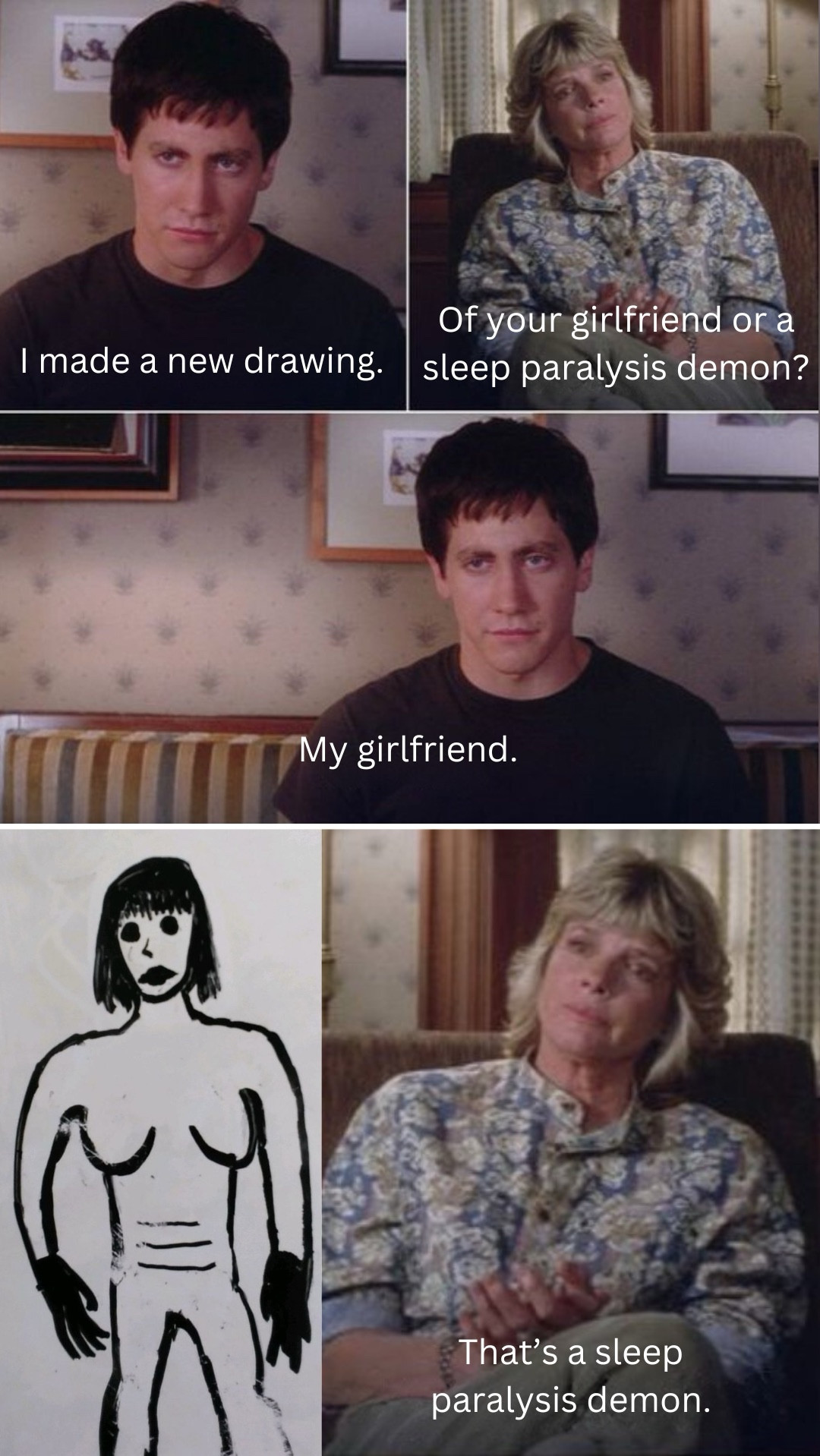 Donnie Darko “I made a new friend” meme but the text has been changed to suggest that Donnie is the artist from OP’s r/relationship mining. The comic has been extended to show the drawing, and the Therapist from Donnie Darko calls Donnie out for drawing a sleep paralysis demon.

In all seriousness, the artist is only as good as their tools, but it’s a poor craftsman that blames their tools. Don’t draw someone on a white board with a dry erase marker and expect it to be good.