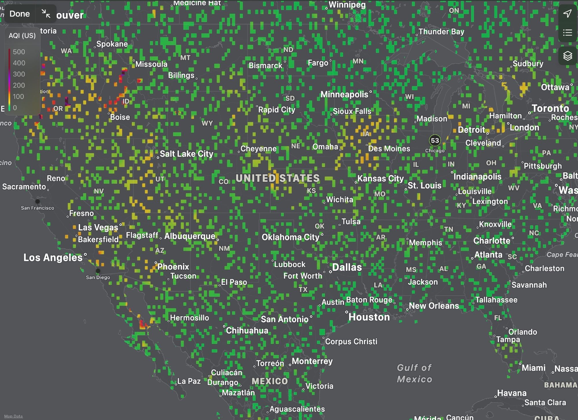 Map of the USA with small squares of color data filled in all over.