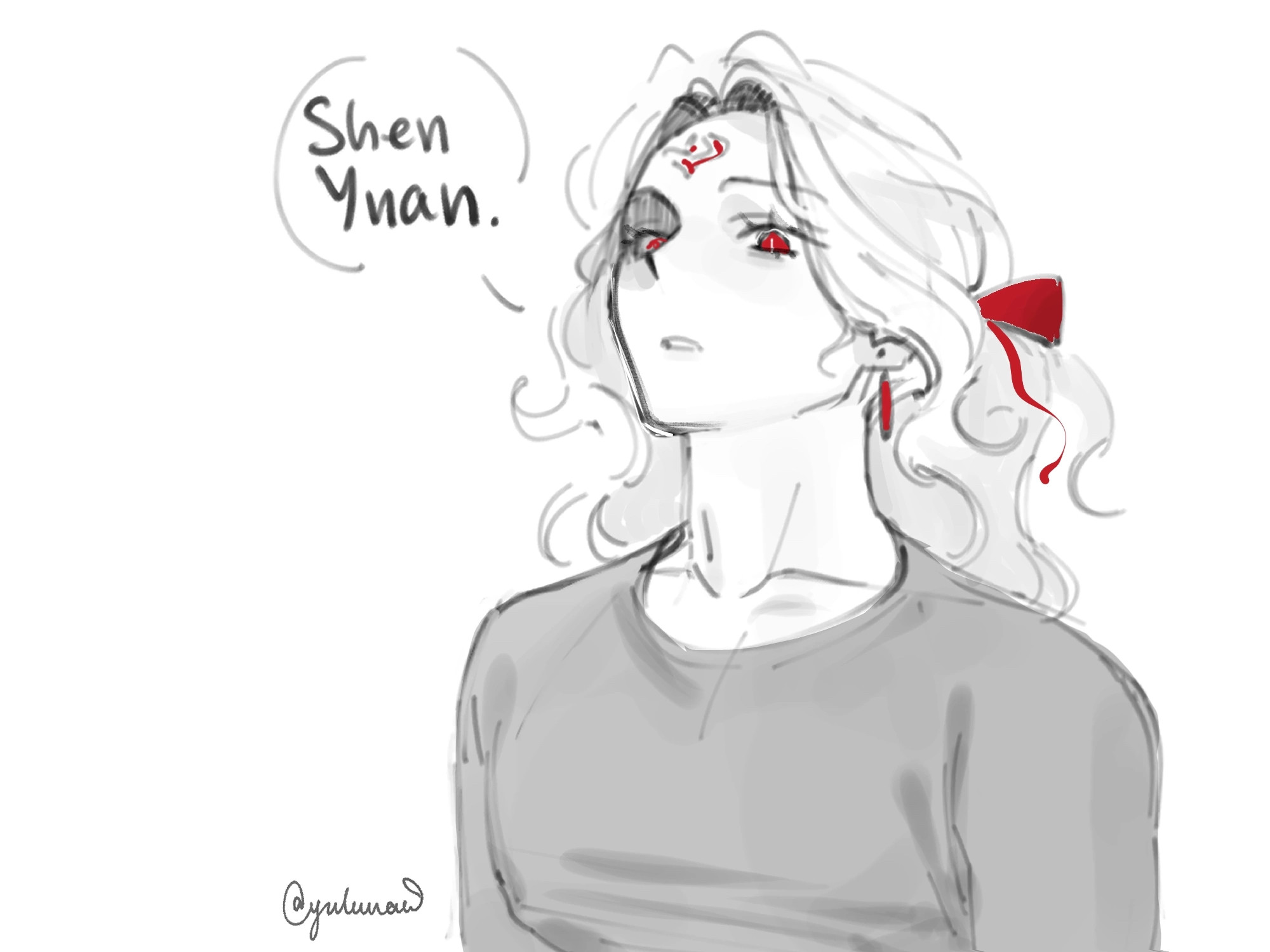 Luo Binghe is staring menacingly at Shen Yuan and calls his name. He wears home-wear clothes and has a bow in his hair. 