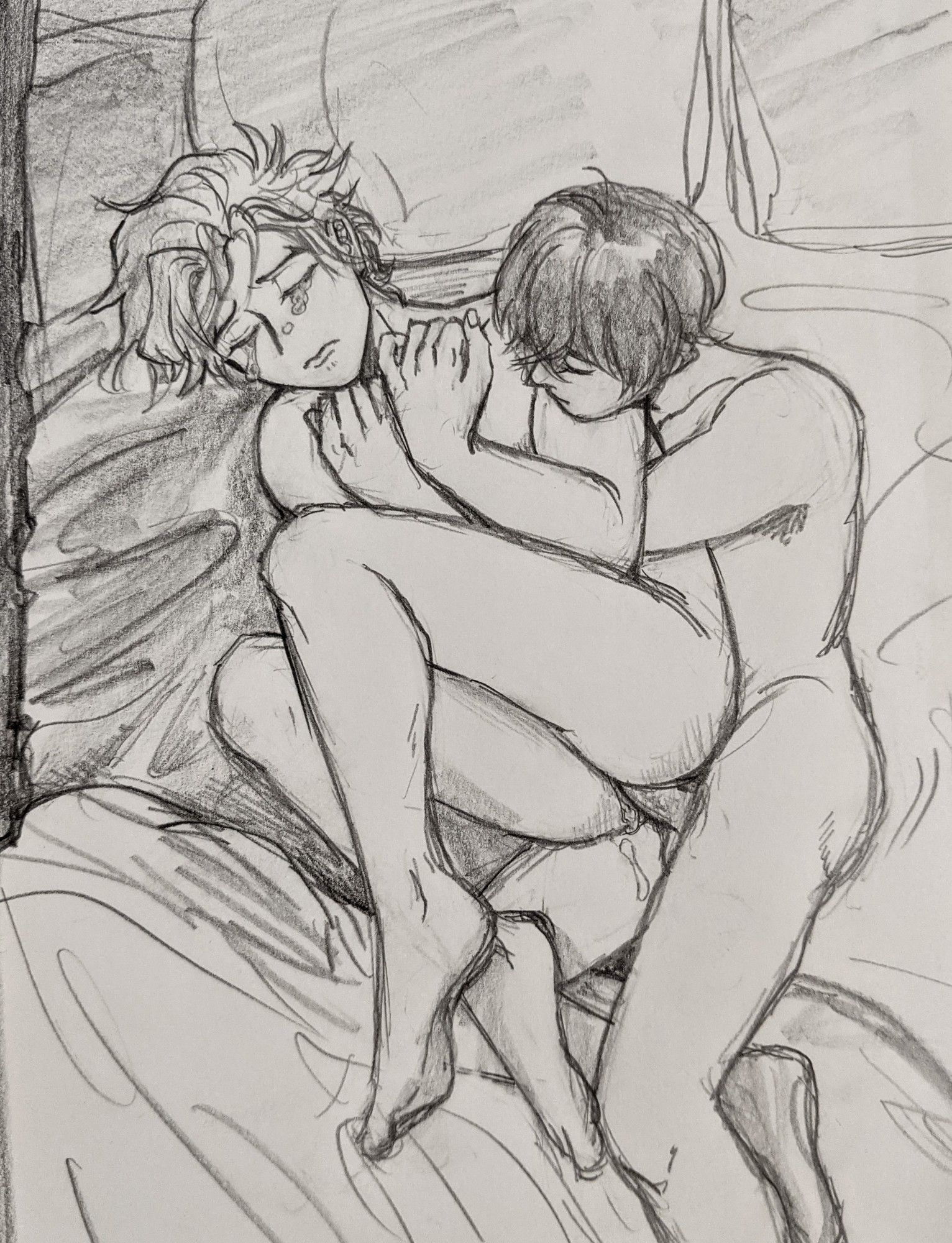 Pencil drawing of Tadashi fucking Ainosuke. Tadashi is the tightly embracing Ainosuke on the bed while Ainosuke is curled up very small with tears falling from his closed eyes, lips pursed and upset.