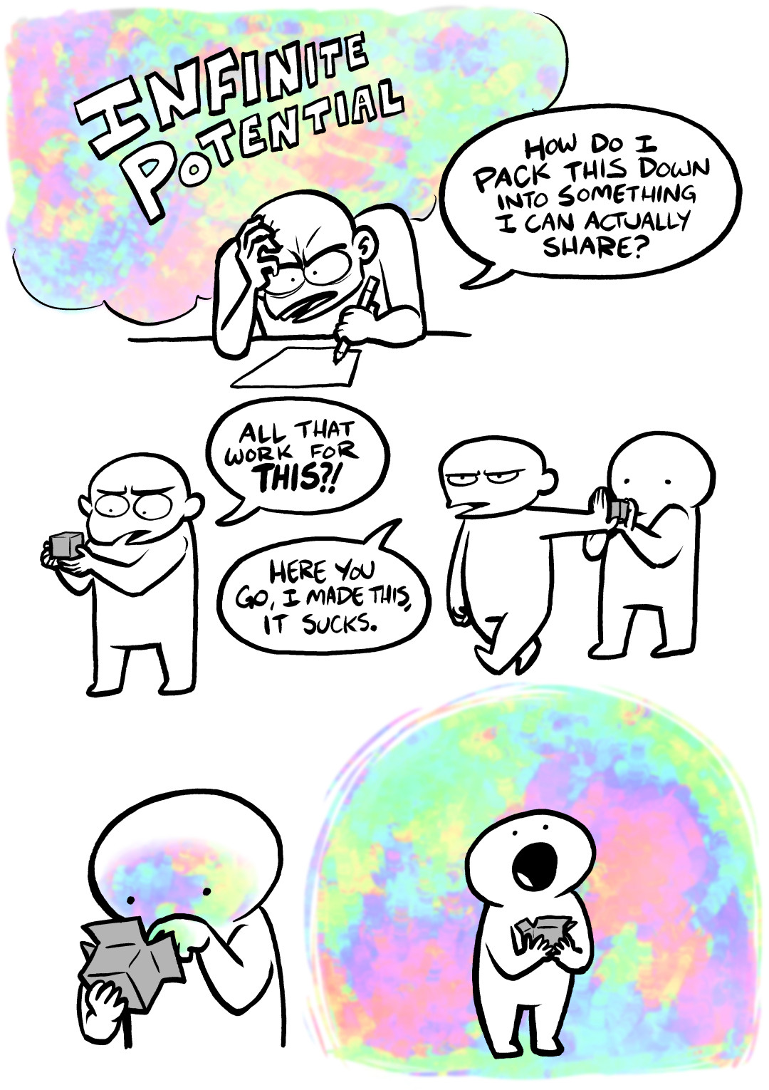 Frustrated little dude gripping a pencil saying “how do I pack this down into something I can actually share?” While swirling rainbows labeled “INFINITE POTENTIAL” float around them.

Little dude frowns at a tiny grey box, exclaiming “all that work for THIS?!”

Little dude shoves the grey box into another little guy’s hands; Frowning, stomping off, and saying “Here you go, I made this, it sucks.”

Second little dude cracks open the box, swirling rainbows project out onto their face.

Second little dude stares in awe at all the swirling rainbows now floating around them.