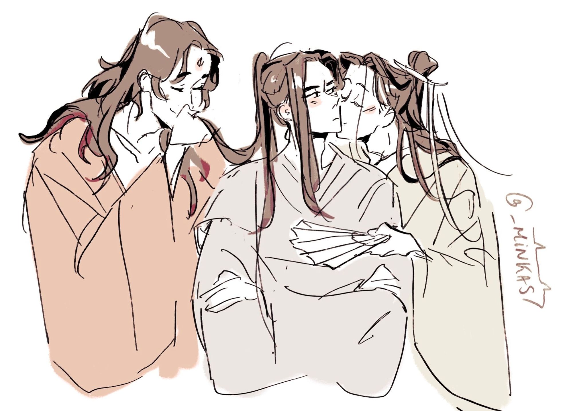 Luo binghe kissing liu qingge's hair, shen qingqiu kissing liu qingge's cheek