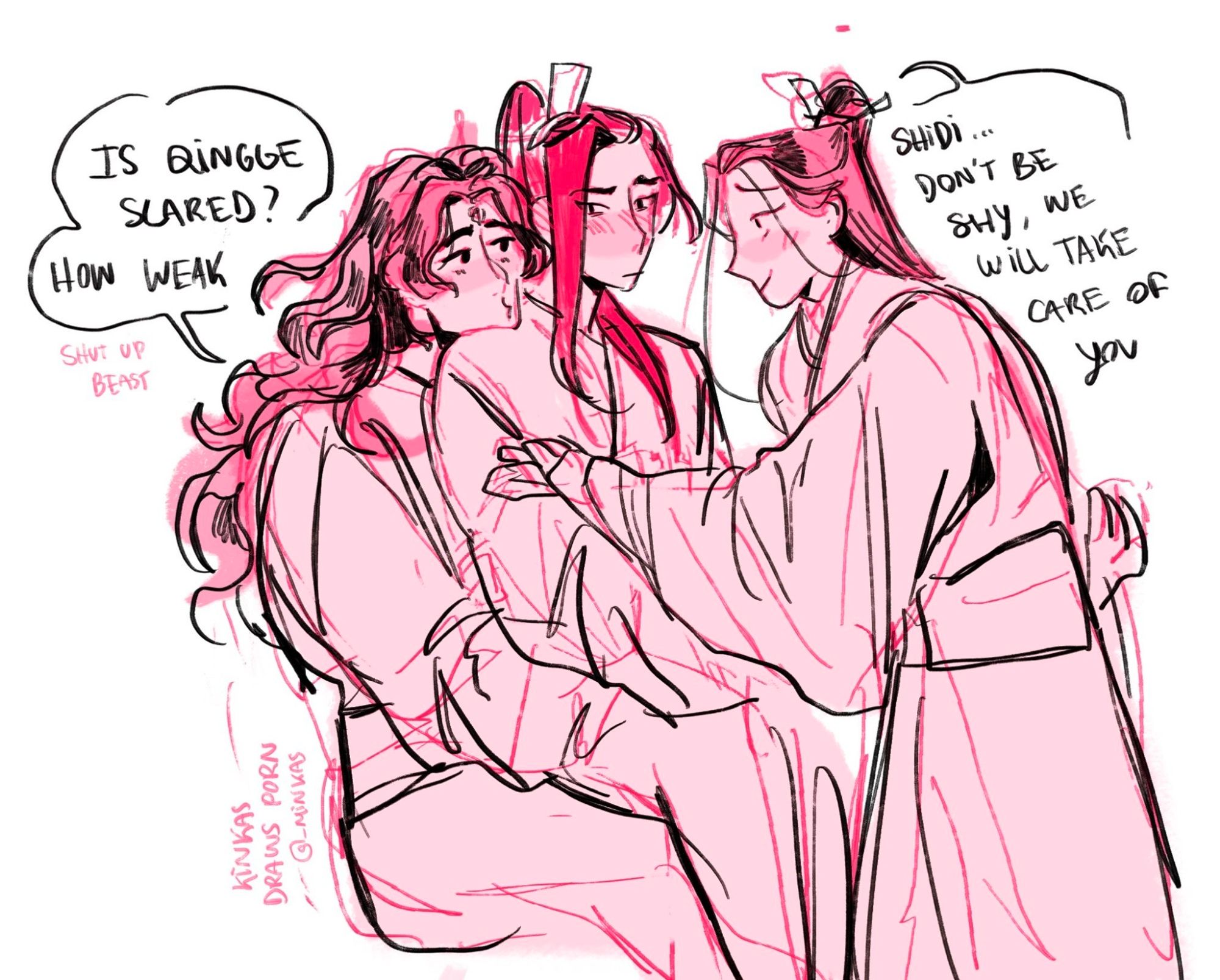 Luo binghe has liu qingge in his lap. Speech bubble says " is qingge scared? How weak"
Under it says "shut up beast"
Shen qingqiu is caressing liu qingge's arm "shidi, don't be shy, we will take care of you"