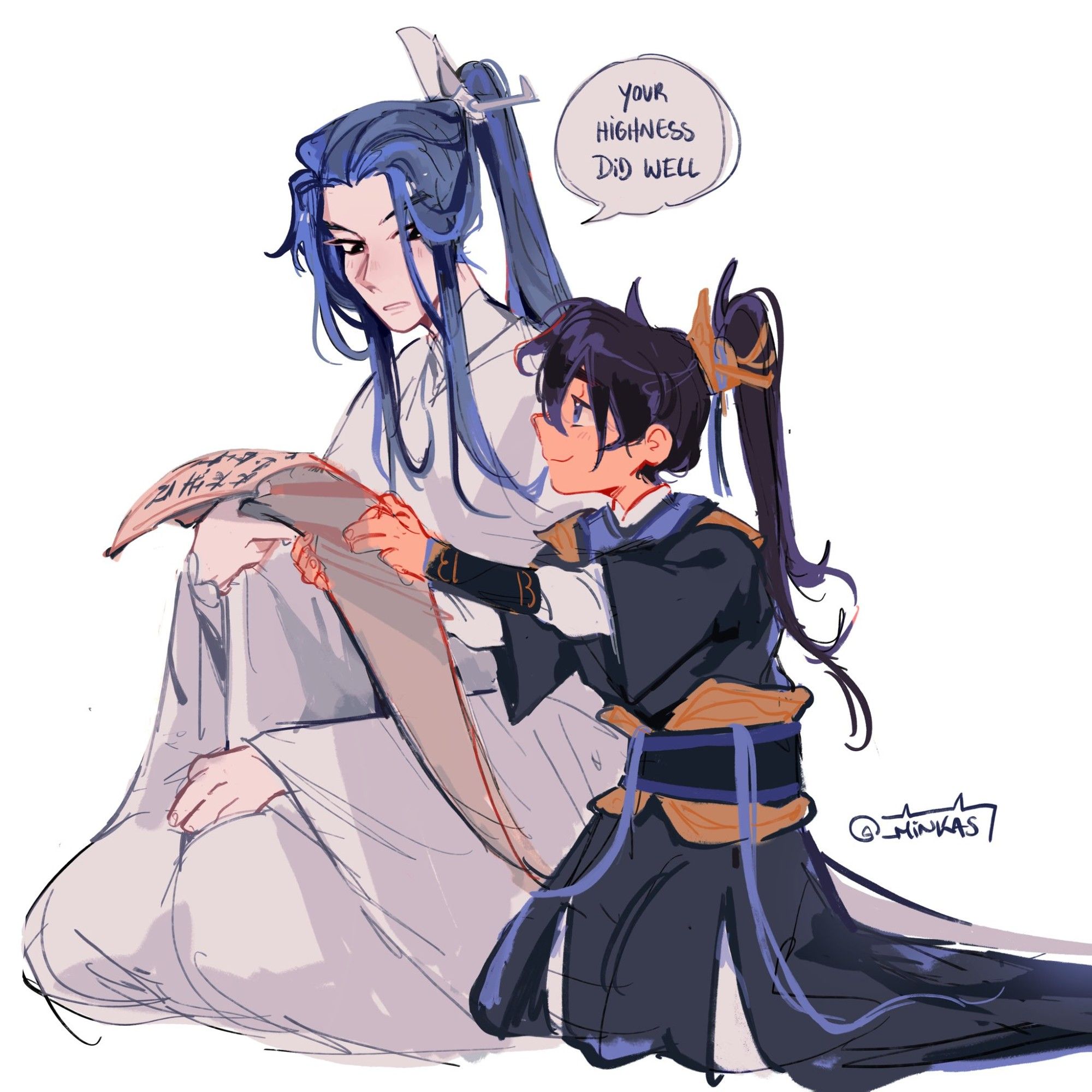 young mo ran holding paperwork for his shizun to inspect. Chu wanning says "your highness did well"