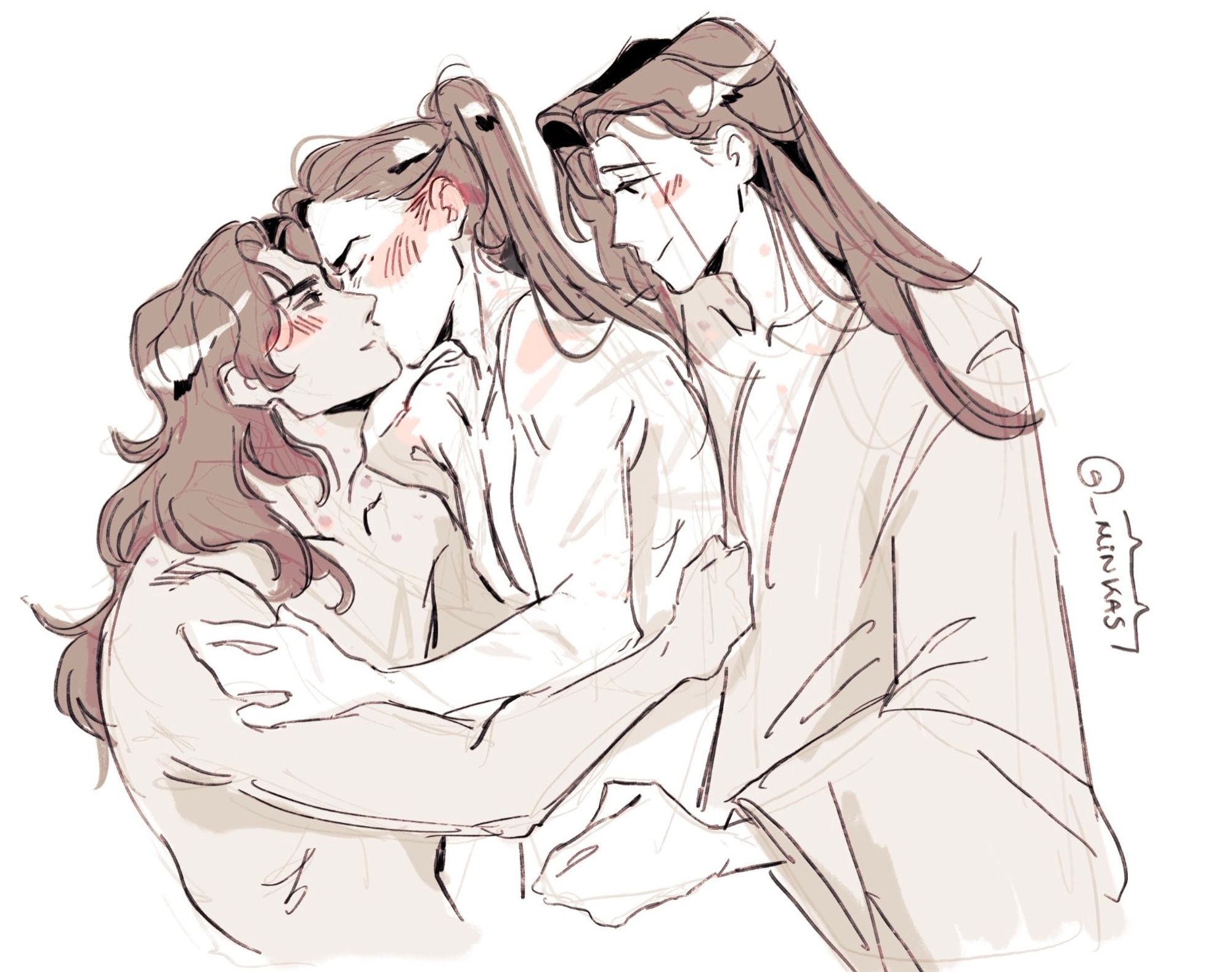 They are all naked, shen qingqiu has his robe slipping down. Liu qingge is in the middle of them, kissing luo binghe on the mouth. Shen qingqiu is holding liu qingge's waist