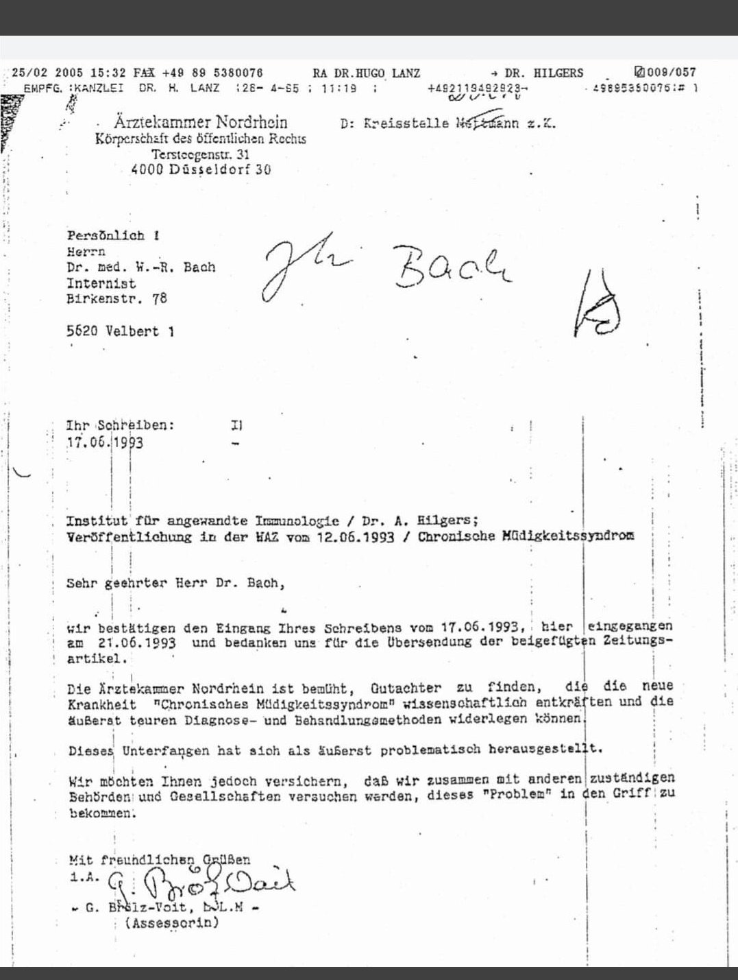 Schreiben der Ärztekammer Nordrhein von 1993, in welchem sie nach Gutachtern sucht, die wissenschaftlich die Existenz der "neuartigen" Erkrankung MECFS entkräften. Dies erweise sich jedoch als äußerst schwierig.