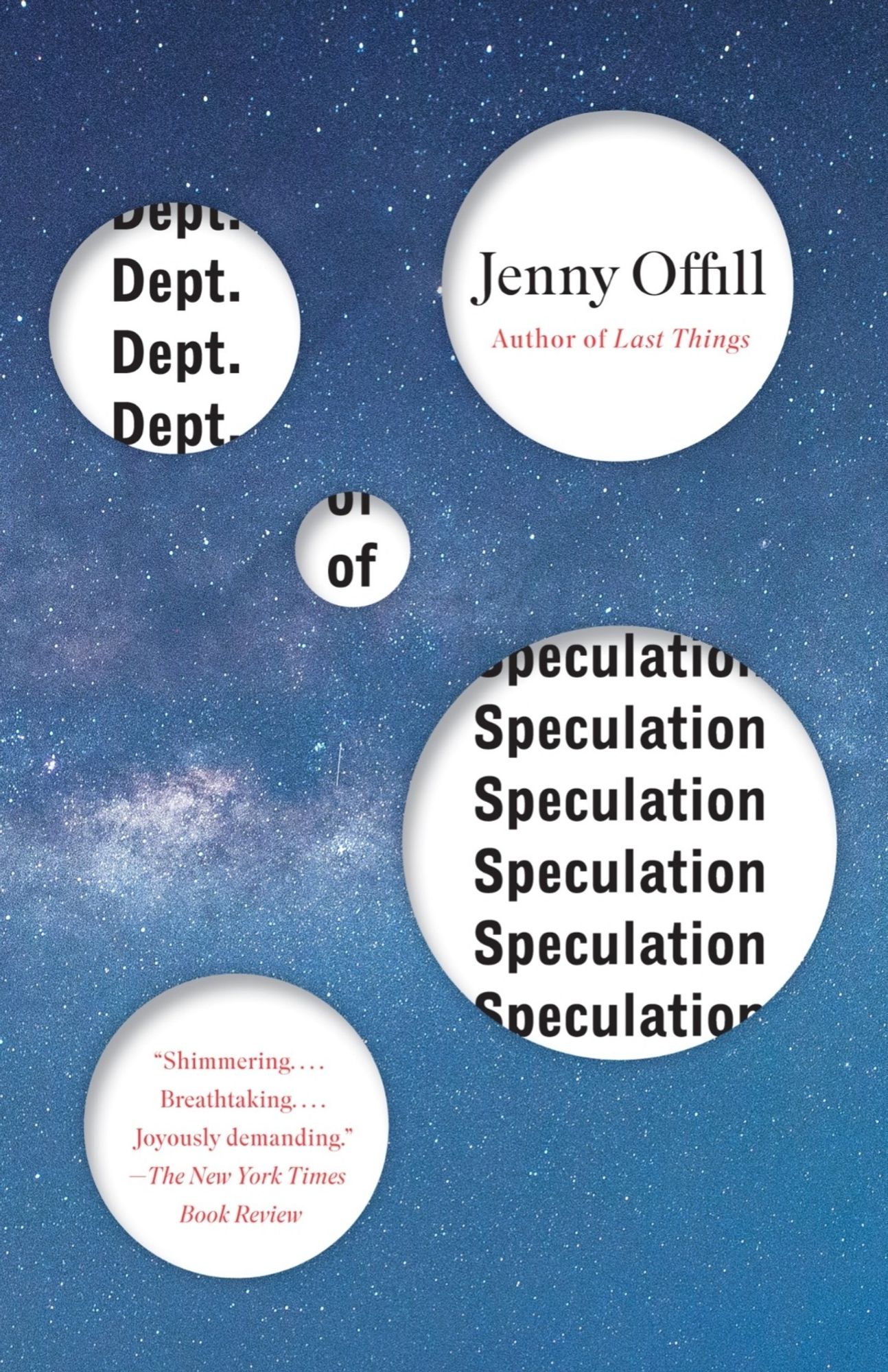 Book cover for DEPT OF SPECULATION by Jenny Offill. A blue backdrop with an image of the Milky Way. It is styled to look like holes have been cut from this image to reveal the title and author name.