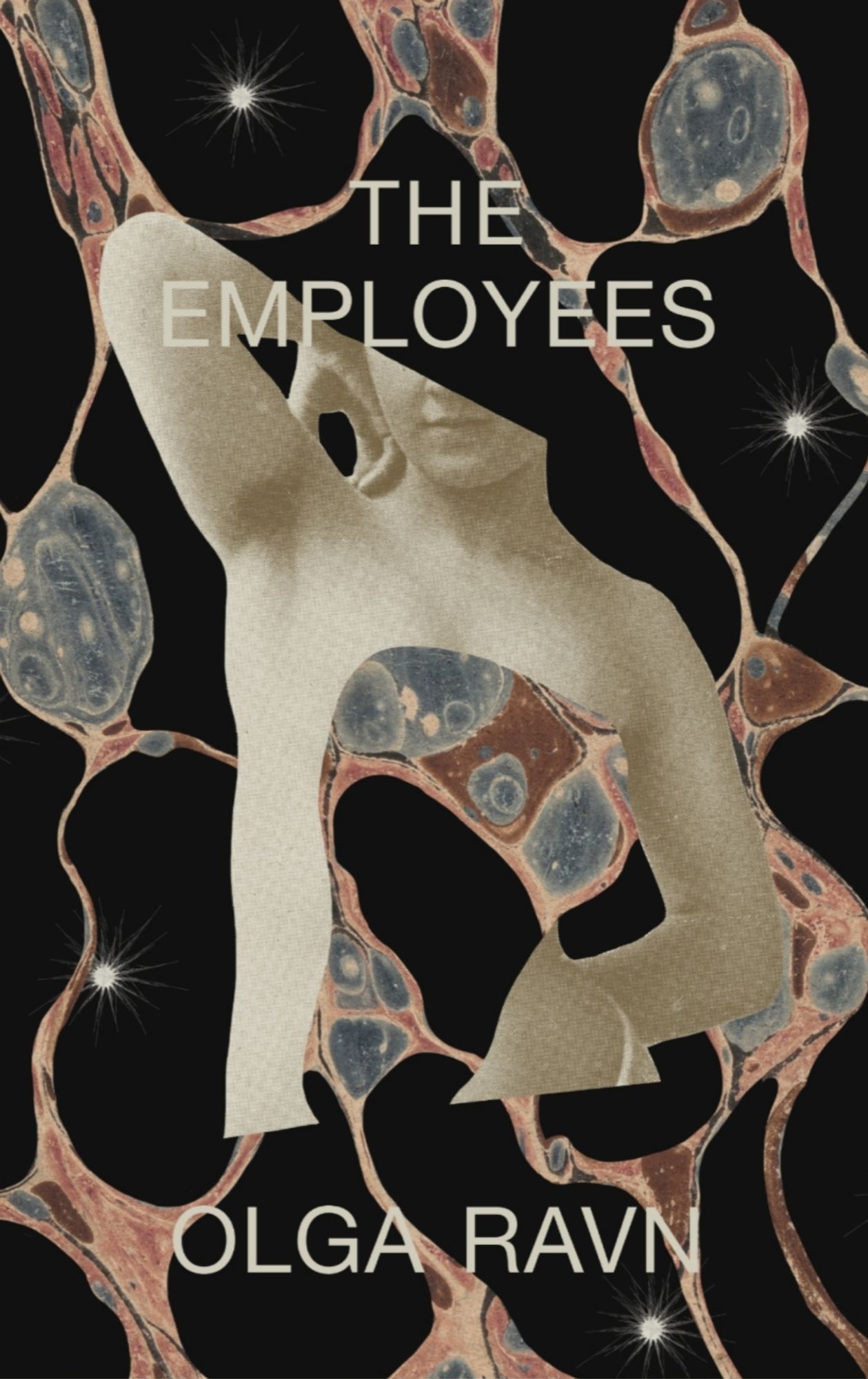 Book cover for THE EMPLOYEES by Olga Ravin. A partial image of a nude marble statue overlays what looks like microscope-captured image of something biological.