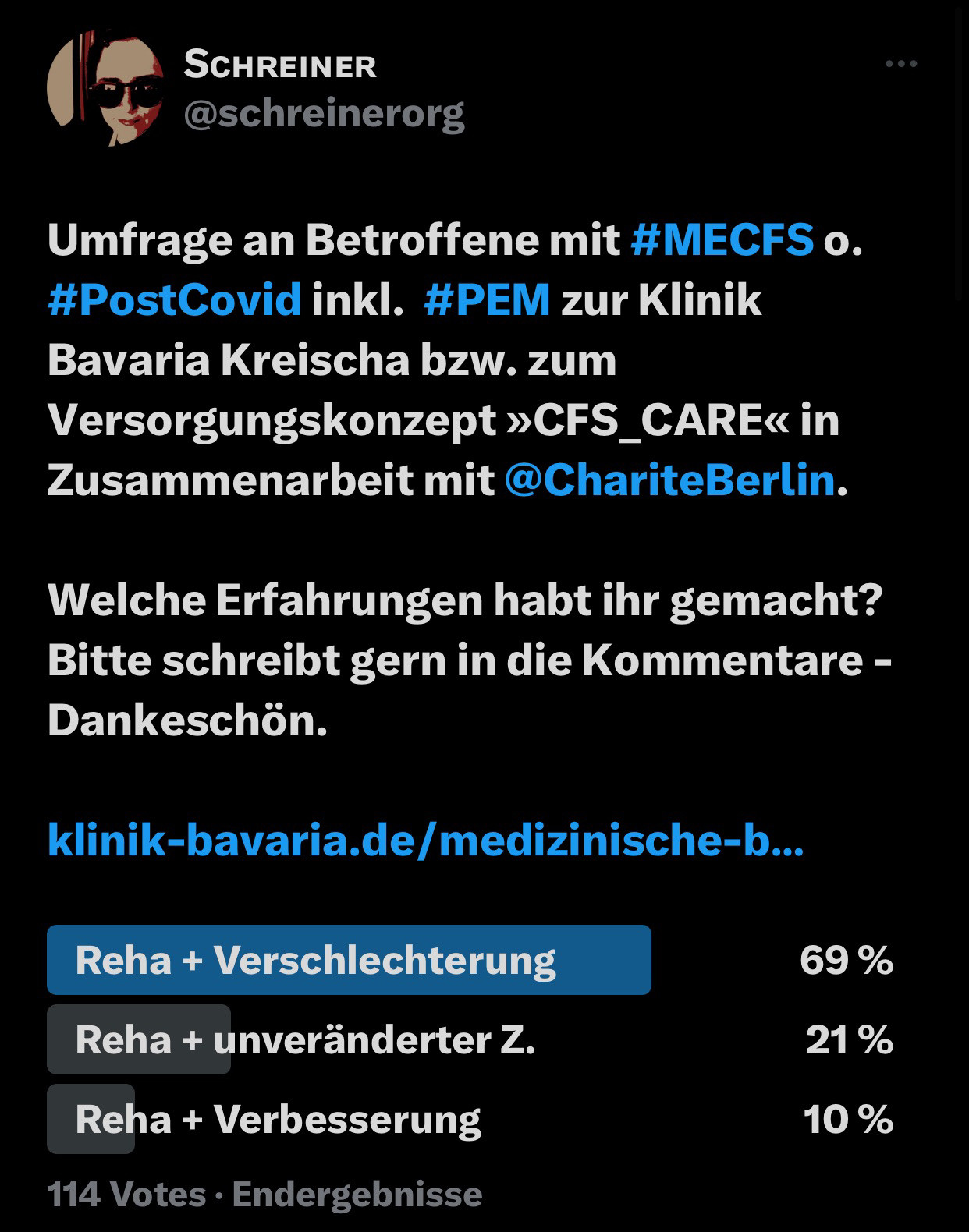 Ergebnisse der Reha-Umfrage für #MECFS-Betroffene in der Klinik Bavaria Kreischa - Versorgungskonzept in Zusammenarbeit mit der Charité Berlin

Reha + Verschlechterung 69%
Reha + unveränderter Zustand 21%
Reha + Verbesserung 10%