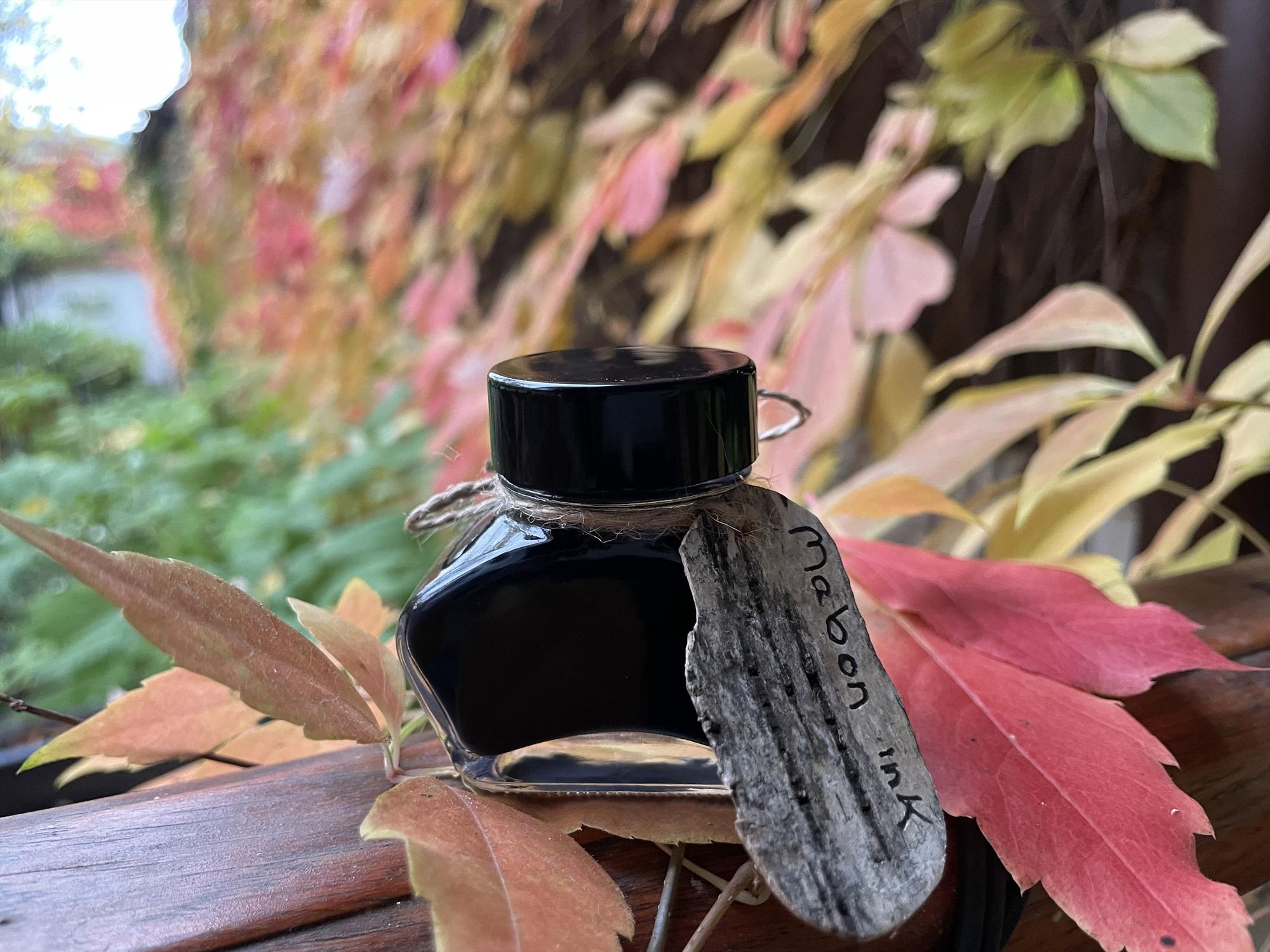 A bottle of dark Mabon Ink set on top of a polished piece of wood, with red and orange leaves surrounding it. The background is a collection of very blurred leaves similar to the foreground.