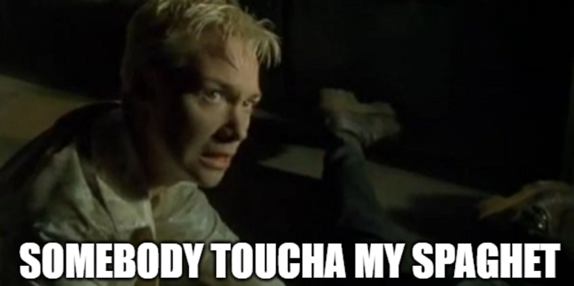 a picture of switch, a character from the matrix, moments before death, who says "not like this" in the movie, but the caption now says "somebody toucha my spaghet" which is a reference to another meme. the humorous contrast between a character's dramatic death and a slightly less serious suggestion that someone has tampered with her italian cuisine made me laugh so hard I had to make this image and post it