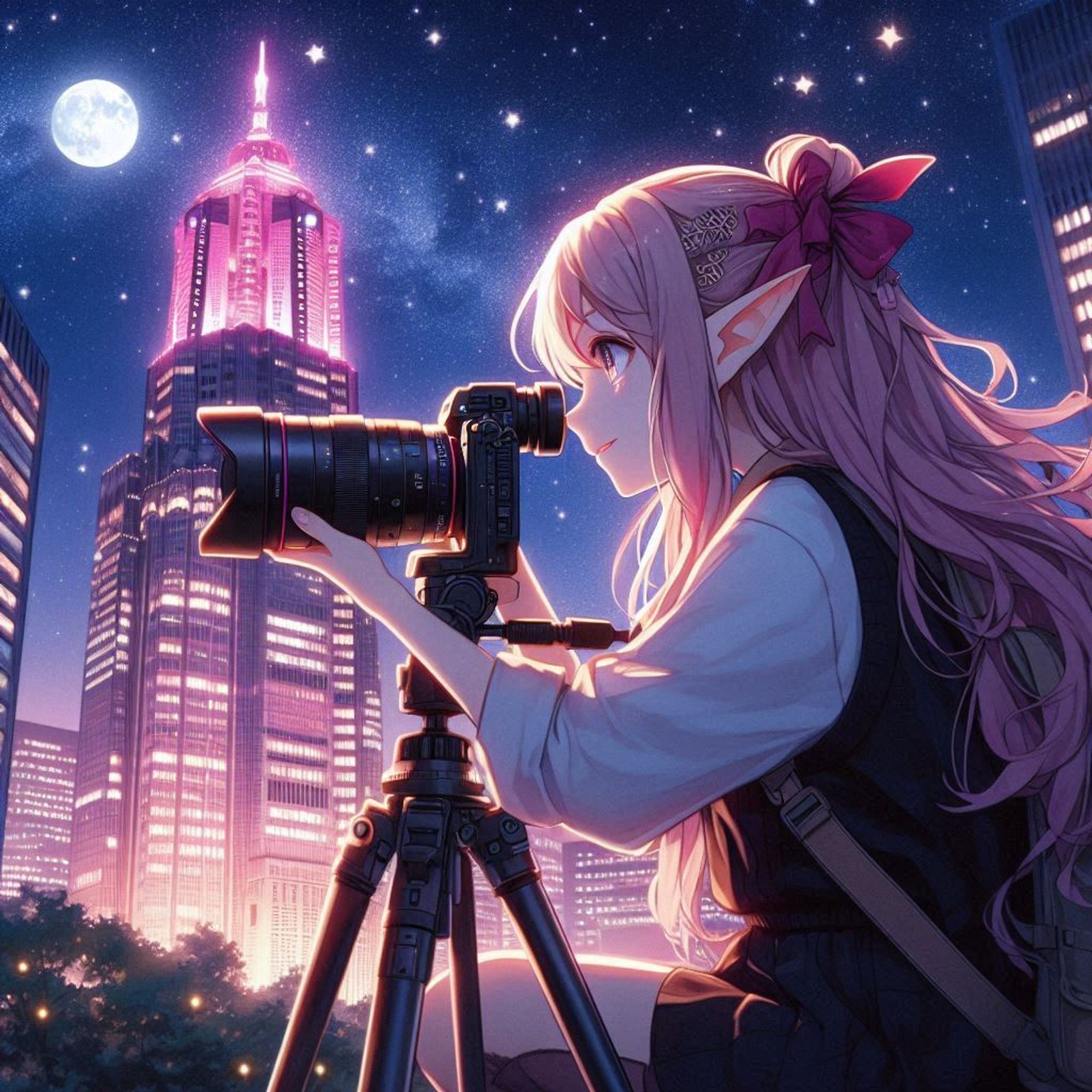 アニメイラスト。星空。月。東京都庁ビルがピンク色にライトアップしている。Sonyのカメラα9を三脚に固定して色白の女エルフが撮影中。