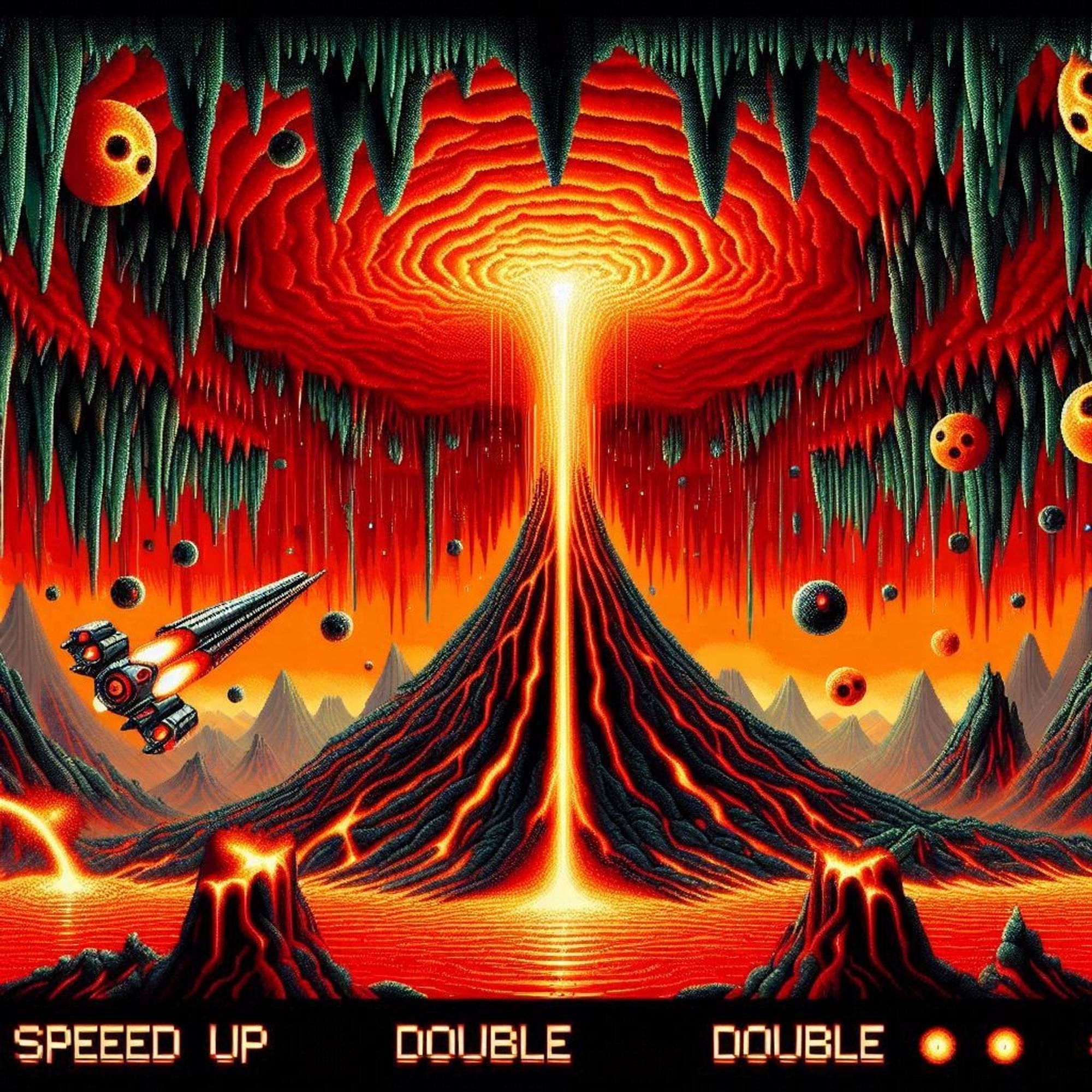 Create an image inspired by the reverse volcano stage from Konami's Gradius game, featuring a vibrant red and black volcanic environment with a ceiling of jagged green stalactites. Include a central eruption of lava inverting gravity, flowing upwards from the volcano's peak. Add a spaceship with a distinctive design, shooting projectiles at incoming enemies, which are golden spherical creatures with eyes and various power-ups labeled 'SPEED UP' and 'DOUBLE' in the foreground.
（コナミのゲーム「グラディウス」の逆火山ステージにインスパイアされたイメージを作りましょう。鮮やかな赤と黒の火山環境に、ギザギザの緑の鍾乳石が天井を飾っています。 火山の頂上から上方へ流れる溶岩の噴出が重力を反転させます。 特徴的なデザインの宇宙船を追加し、襲い来る敵に向かって弾丸を撃ち込む。敵は目がついた金色の球体で、手前には「SPEED UP」や「DOUBLE」と書かれたさまざまなパワーアップアイテムがある。）