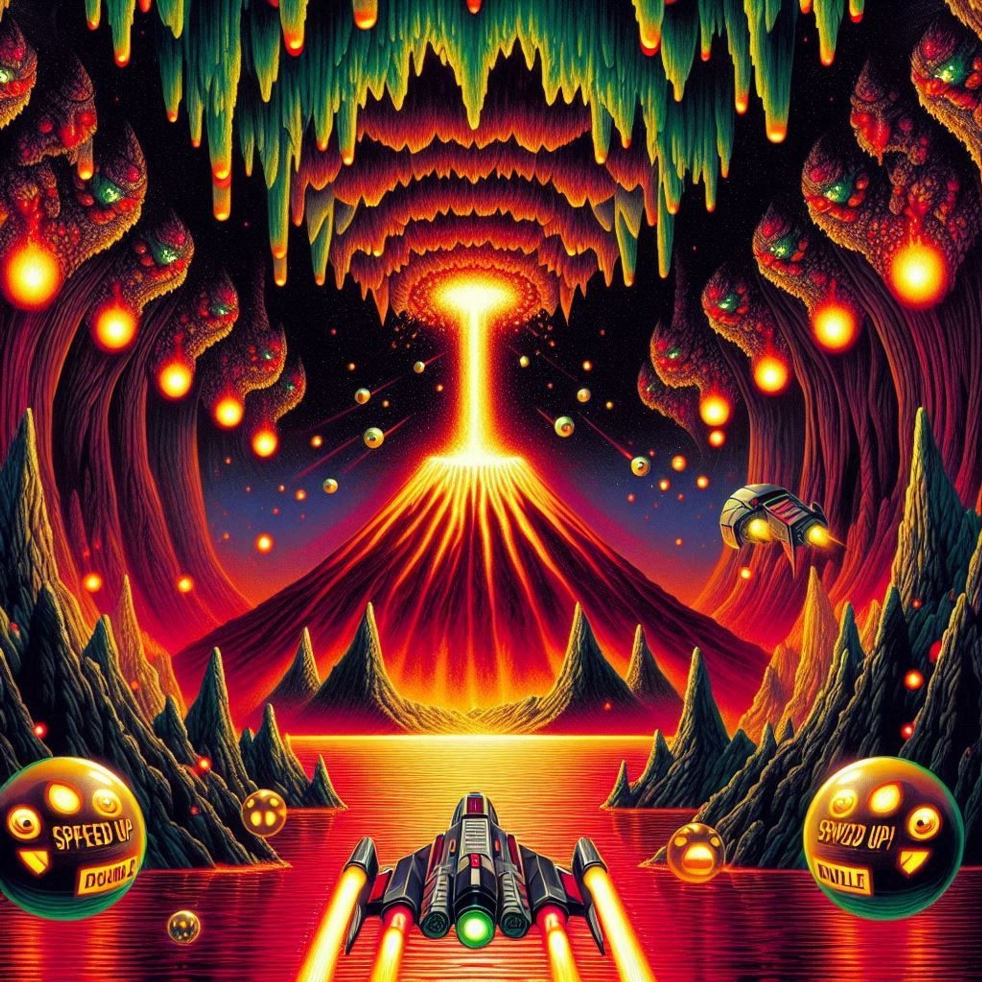 Create an image inspired by the reverse volcano stage from Konami's Gradius game, featuring a vibrant red and black volcanic environment with a ceiling of jagged green stalactites. Include a central eruption of lava inverting gravity, flowing upwards from the volcano's peak. Add a spaceship with a distinctive design, shooting projectiles at incoming enemies, which are golden spherical creatures with eyes and various power-ups labeled 'SPEED UP' and 'DOUBLE' in the foreground.
（コナミのゲーム「グラディウス」の逆火山ステージにインスパイアされたイメージを作りましょう。鮮やかな赤と黒の火山環境に、ギザギザの緑の鍾乳石が天井を飾っています。 火山の頂上から上方へ流れる溶岩の噴出が重力を反転させます。 特徴的なデザインの宇宙船を追加し、襲い来る敵に向かって弾丸を撃ち込む。敵は目がついた金色の球体で、手前には「SPEED UP」や「DOUBLE」と書かれたさまざまなパワーアップアイテムがある。）