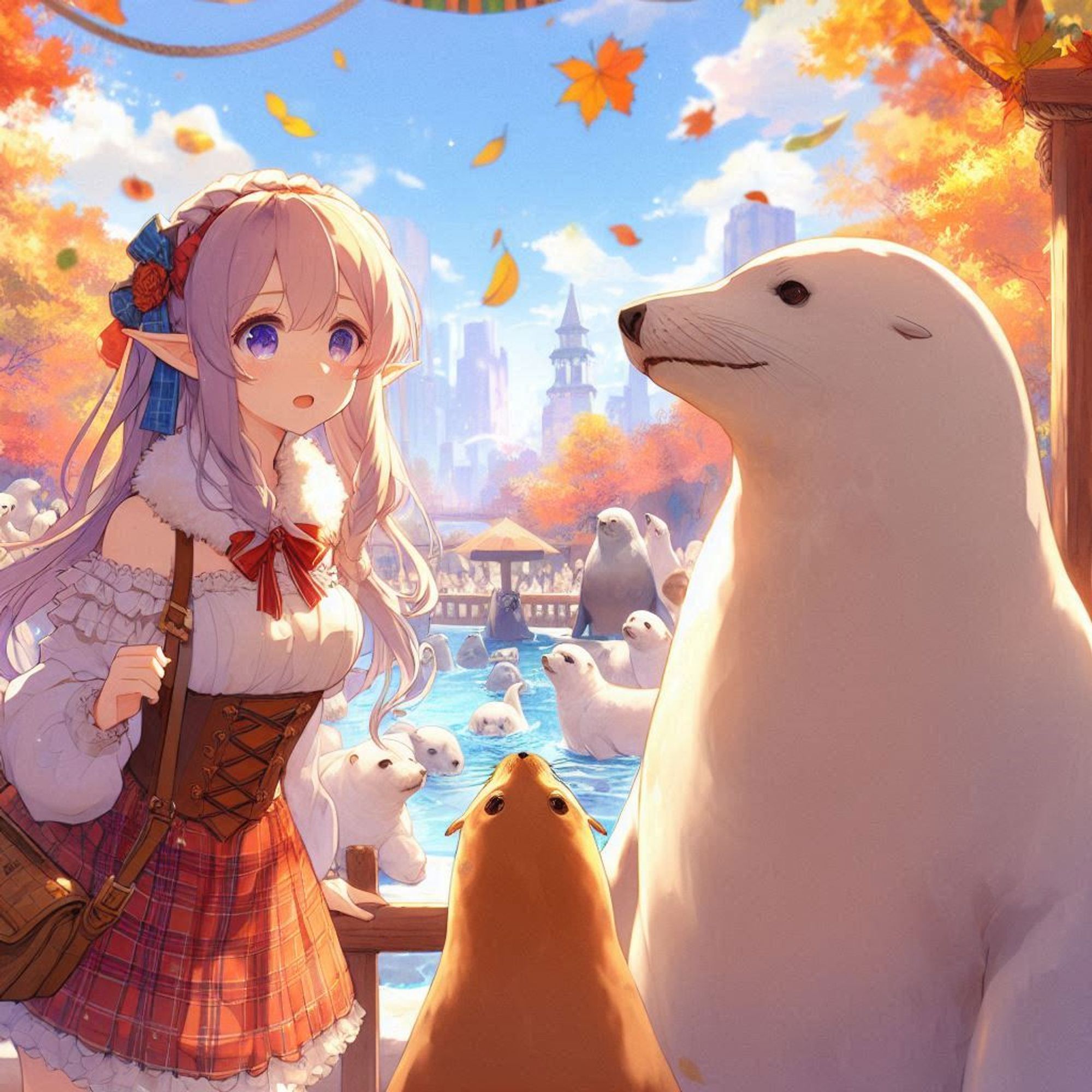 アニメイラスト。秋空。賑わっている動物園。アザラシとホッキョクグマを色白の女エルフが眺めている。