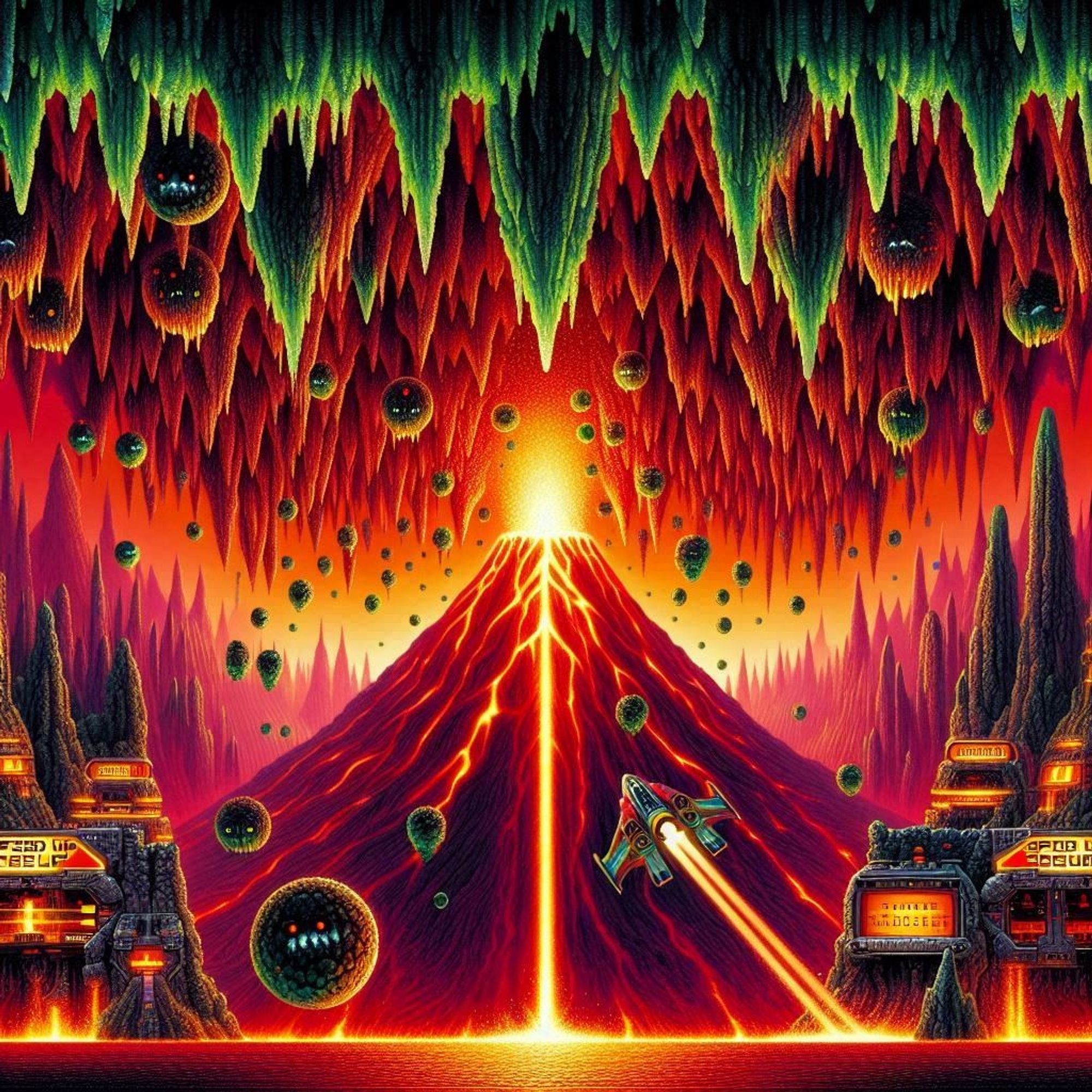 Create an image inspired by the reverse volcano stage from Konami's Gradius game, featuring a vibrant red and black volcanic environment with a ceiling of jagged green stalactites. Include a central eruption of lava inverting gravity, flowing upwards from the volcano's peak. Add a spaceship with a distinctive design, shooting projectiles at incoming enemies, which are golden spherical creatures with eyes and various power-ups labeled 'SPEED UP' and 'DOUBLE' in the foreground.
（コナミのゲーム「グラディウス」の逆火山ステージにインスパイアされたイメージを作りましょう。鮮やかな赤と黒の火山環境に、ギザギザの緑の鍾乳石が天井を飾っています。 火山の頂上から上方へ流れる溶岩の噴出が重力を反転させます。 特徴的なデザインの宇宙船を追加し、襲い来る敵に向かって弾丸を撃ち込む。敵は目がついた金色の球体で、手前には「SPEED UP」や「DOUBLE」と書かれたさまざまなパワーアップアイテムがある。）