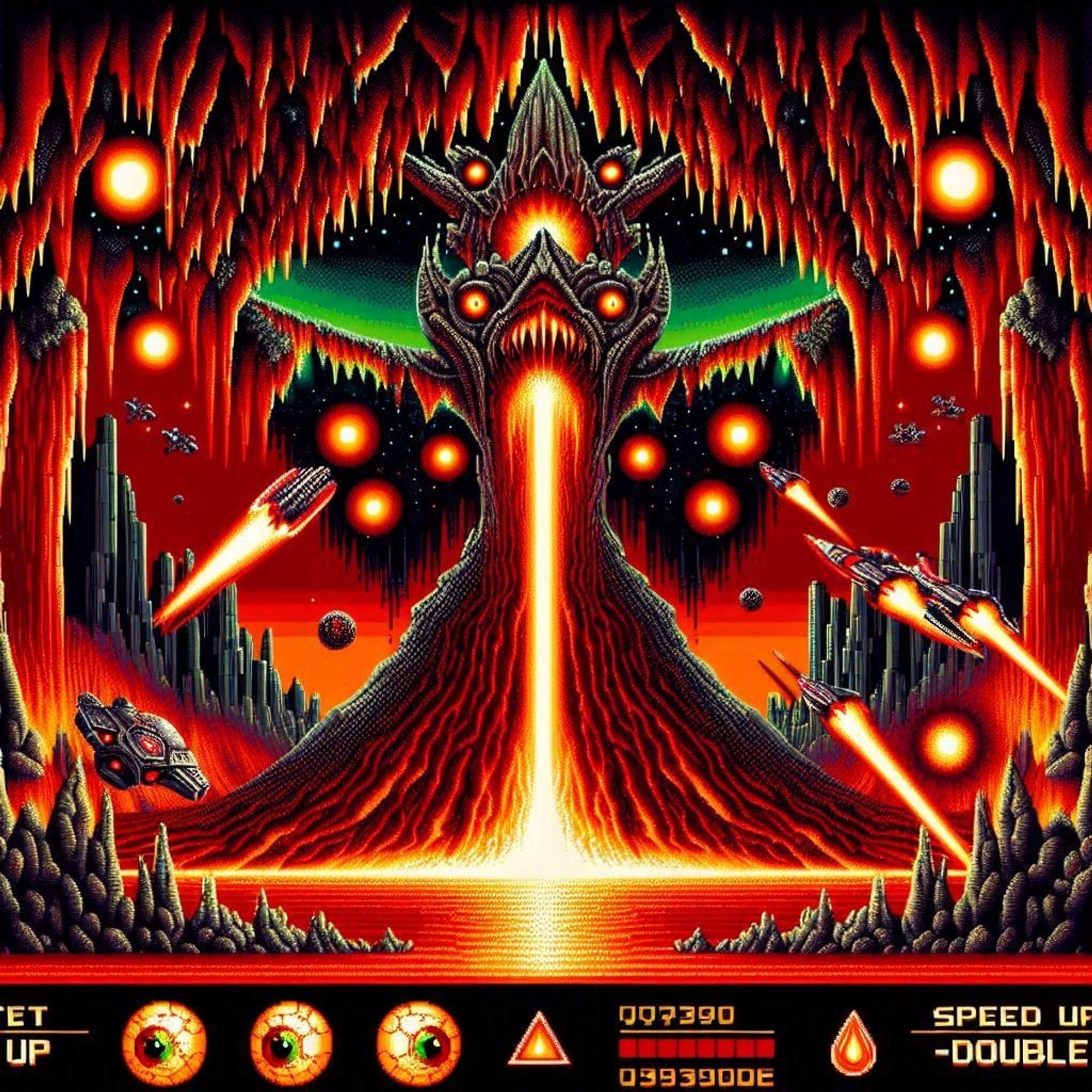 Create an image inspired by the reverse volcano stage from Konami's Gradius game, featuring a vibrant red and black volcanic environment with a ceiling of jagged green stalactites. Include a central eruption of lava inverting gravity, flowing upwards from the volcano's peak. Add a spaceship with a distinctive design, shooting projectiles at incoming enemies, which are golden spherical creatures with eyes and various power-ups labeled 'SPEED UP' and 'DOUBLE' in the foreground.
（コナミのゲーム「グラディウス」の逆火山ステージにインスパイアされたイメージを作りましょう。鮮やかな赤と黒の火山環境に、ギザギザの緑の鍾乳石が天井を飾っています。 火山の頂上から上方へ流れる溶岩の噴出が重力を反転させます。 特徴的なデザインの宇宙船を追加し、襲い来る敵に向かって弾丸を撃ち込む。敵は目がついた金色の球体で、手前には「SPEED UP」や「DOUBLE」と書かれたさまざまなパワーアップアイテムがある。）