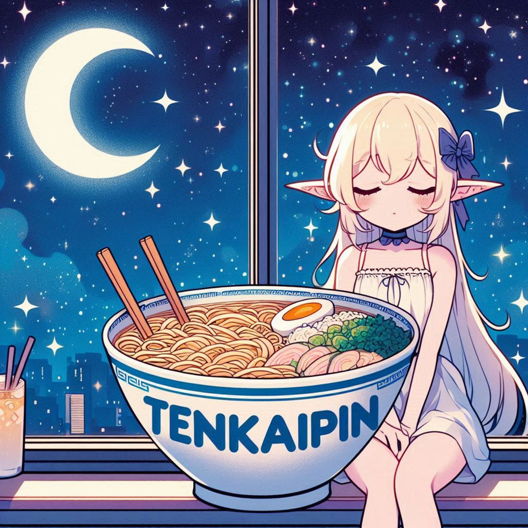 アニメイラスト。星空。ラーメン屋の店内。色白の女エルフが座っている席にラーメンがある。どんぶりには「TENKAIPPIN」の文字を必ずどんぶりに含める必要がある。文字のフォントはsans-serif。