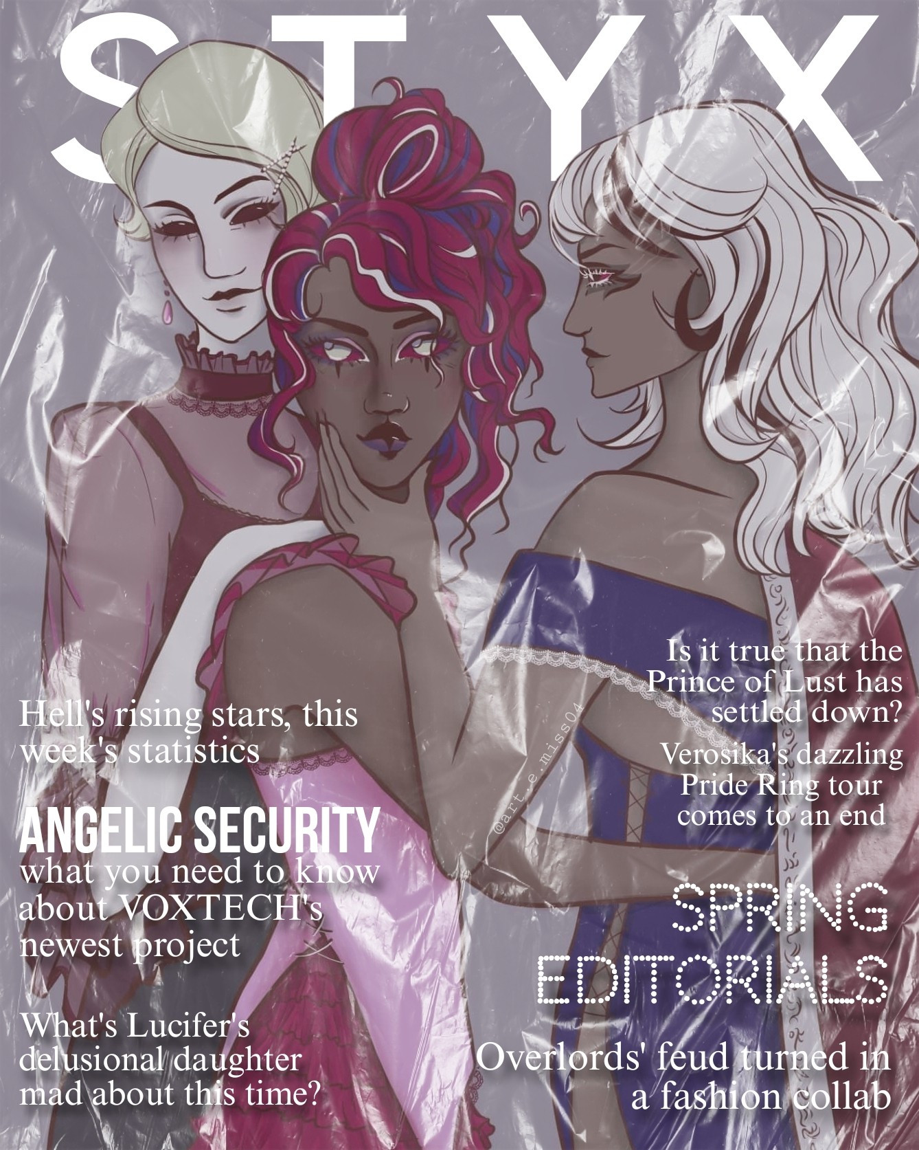 Digital illustration in the style of the cover of a magazine editorial. Velvette is in the center, with her hair up; Rosie is behind her, propped up on her shoulder, in a sheer red blouse; Carmilla is holding Vel's chin, with her hair down and a blue dress with a cape.