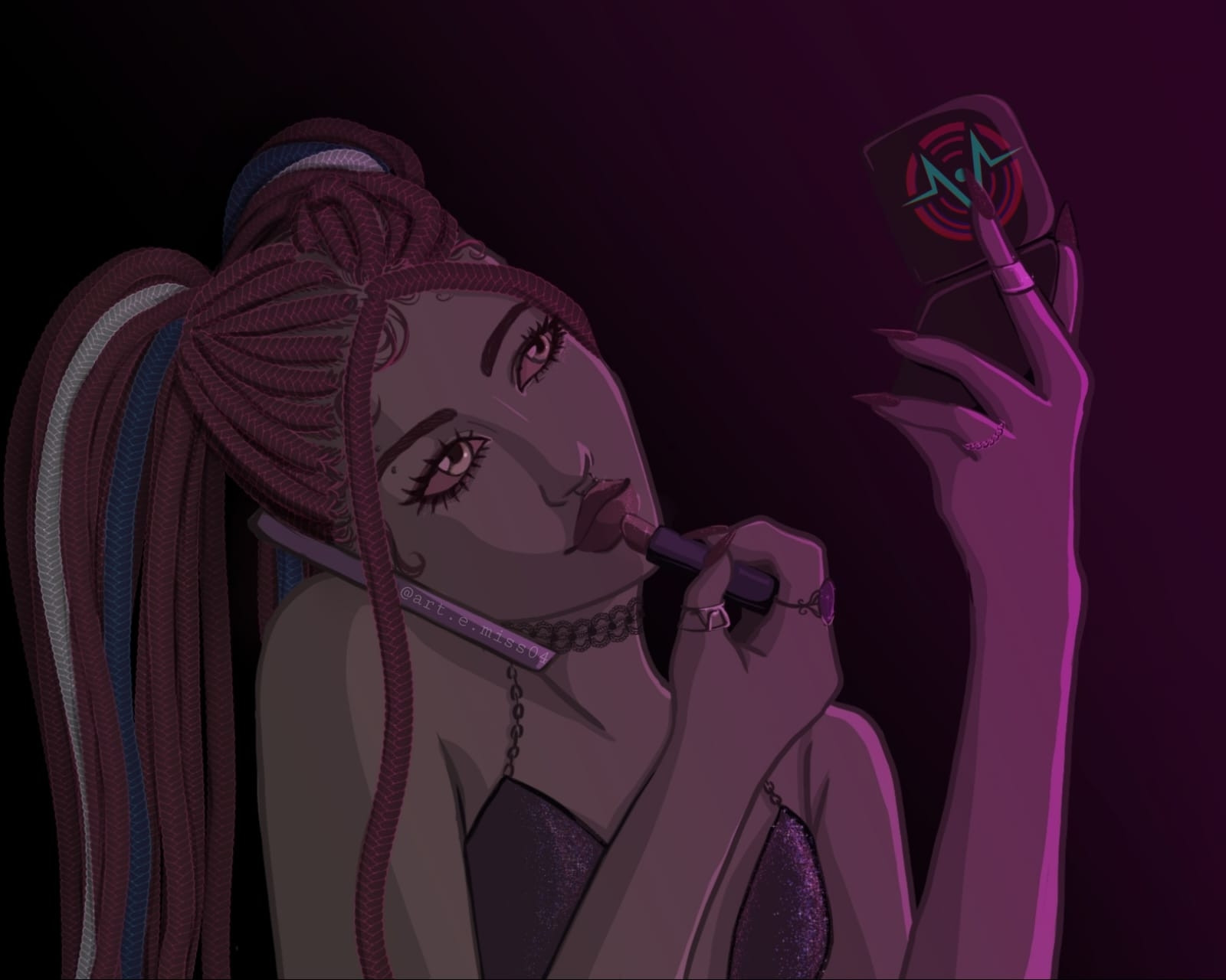 Velvette is checking her makeup in a pocket mirror with the Voxtech logo, while applying lipstick and talking to the phone. She's wearing her hair up in pigtails with braids.