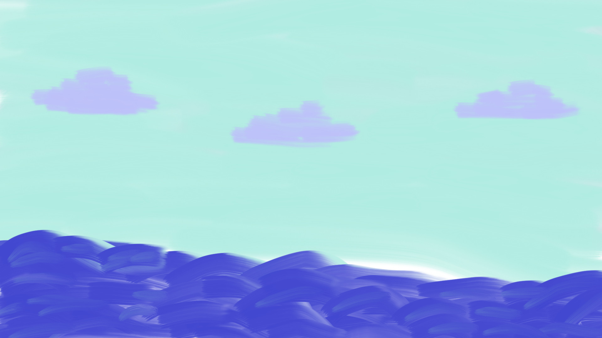 A digital drawing of ocean with clouds at daytime

all objects: 3 low-saturation pinky clouds; wavy high-saturation blue ocean, cyan sky