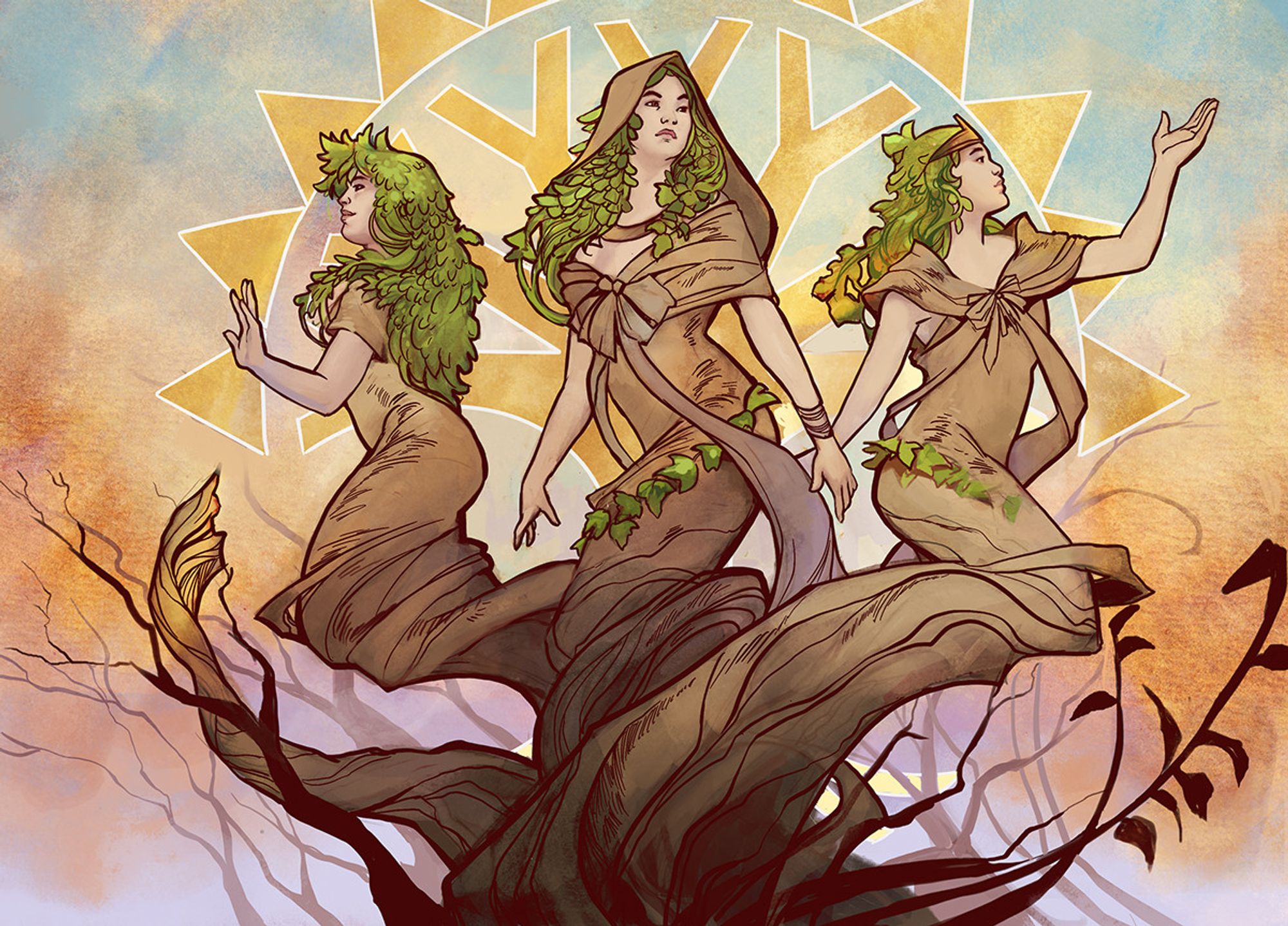 An Art Nouveau styled magic the gathering card featuring the Trostani, a trio of dryads who sprout from the same tree.